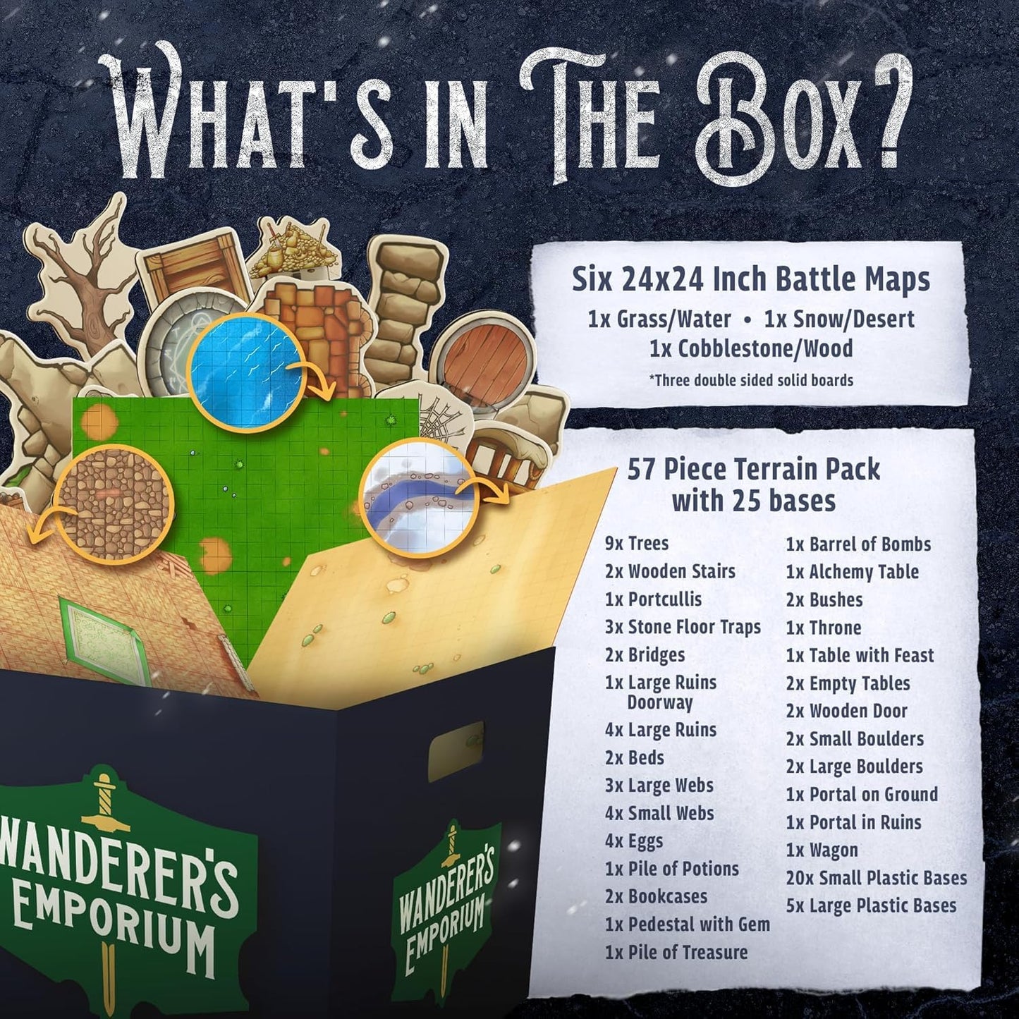 Wanderers Emporium Solid DND Battle Mat Starter Kit – 24x24, Double-Sided, Dry Erase, Terrain Pack