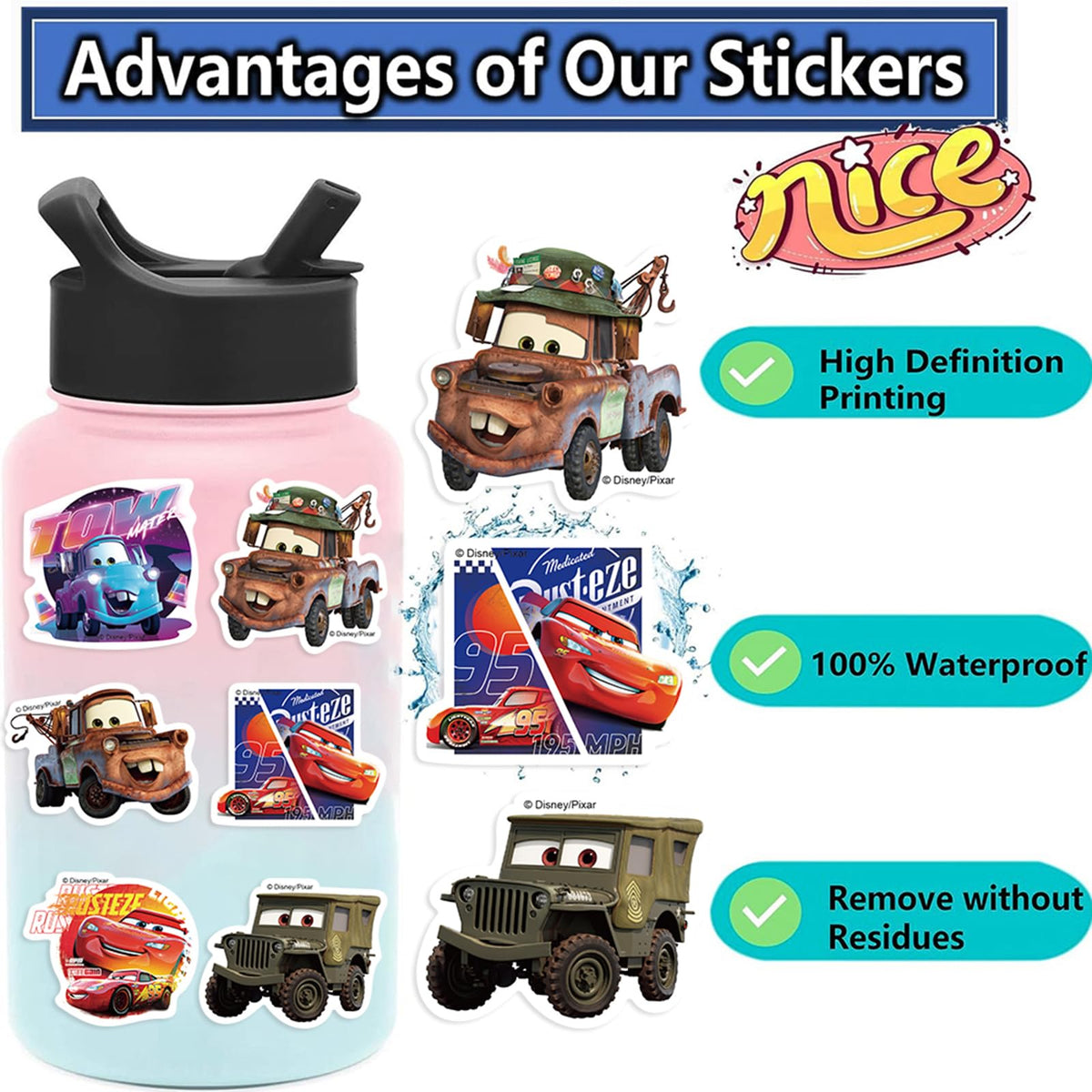 wanhuatong 50Pcs Cartoon Cars Stickers – Waterproof Vinyl Decals for Laptops, Water Bottles & More