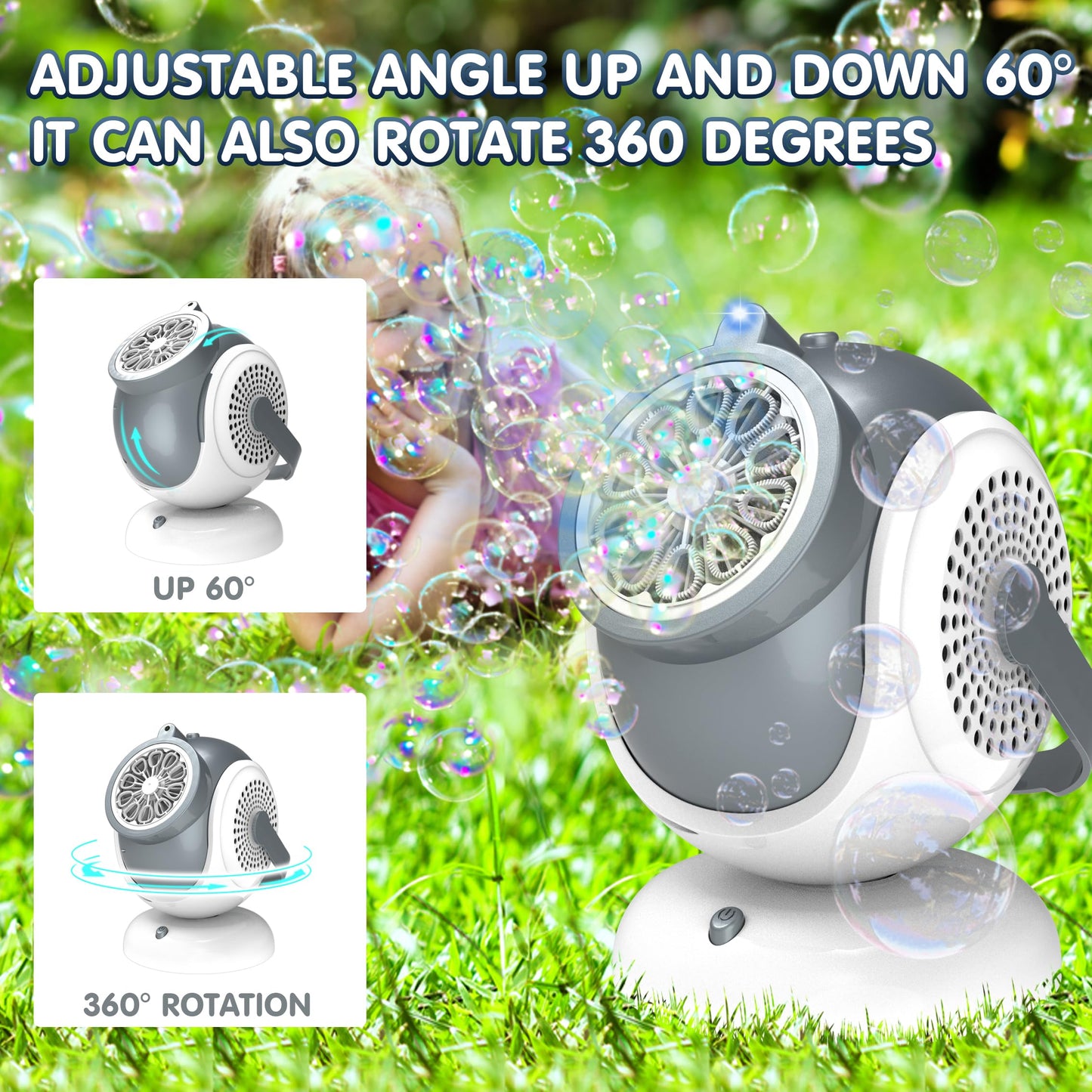 WANNA MAGIC Big Bubble Machine - 360° Oscillation, 75° Tilt, LED Bubbles for Outdoor Fun