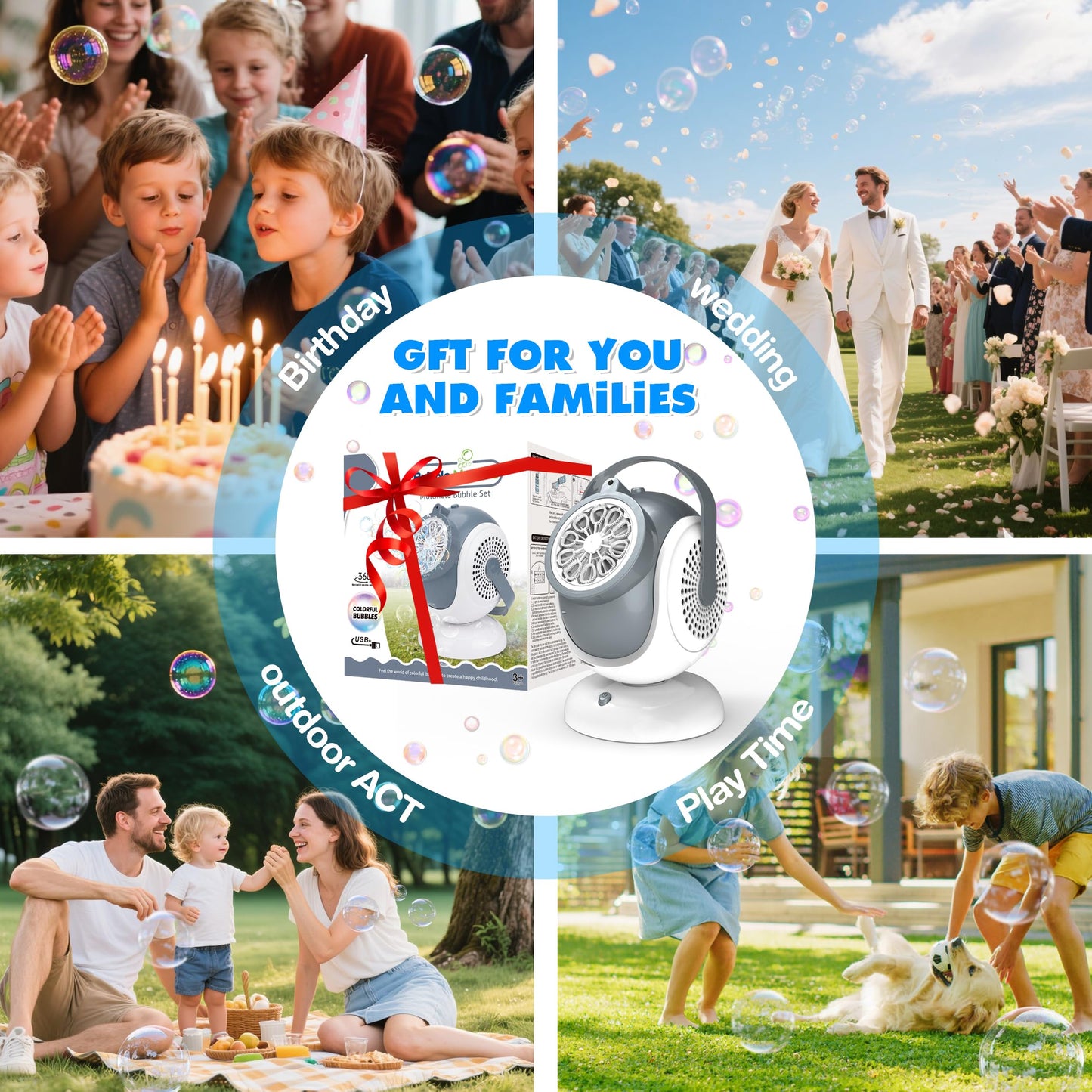 WANNA MAGIC Big Bubble Machine - 360° Oscillation, 75° Tilt, LED Bubbles for Outdoor Fun