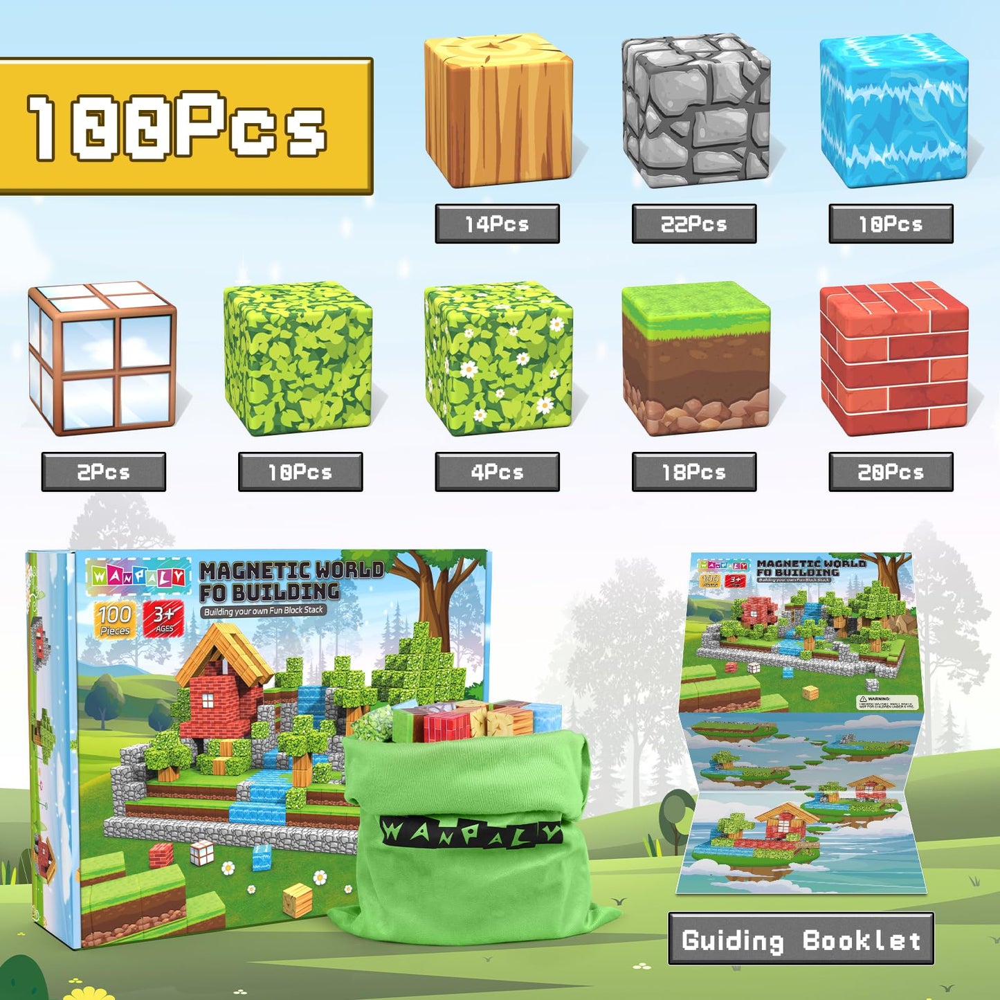 Wanplay 100PCS Magnetic Blocks – 1-Inch Building Toys for Kids, Forest-Themed Sensory Construction Set (Ages 3-12)