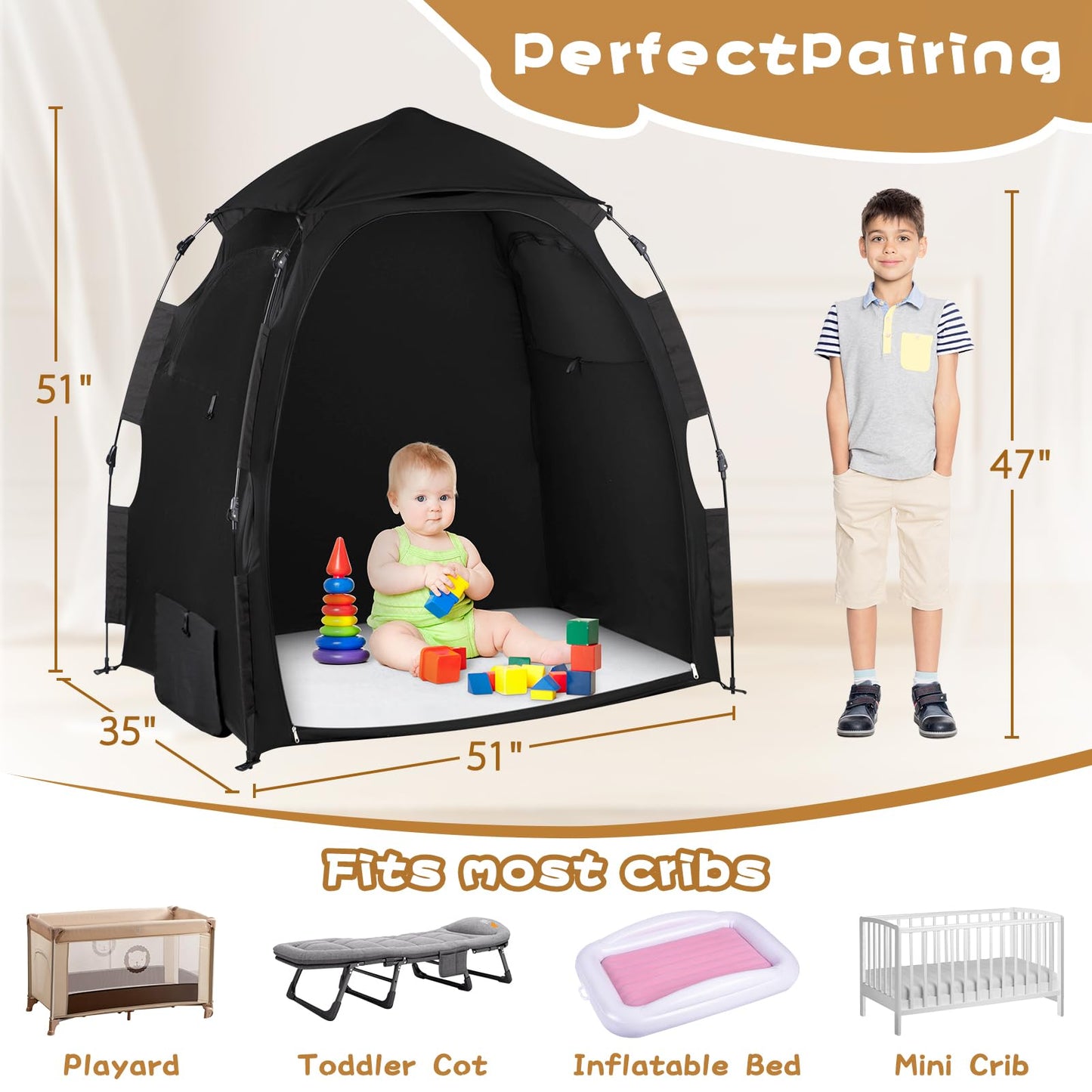 WANRU Pack N Play Blackout Cover Sleep Pod - 95% Light Blocking, One-Click Setup, Portable Crib Canopy