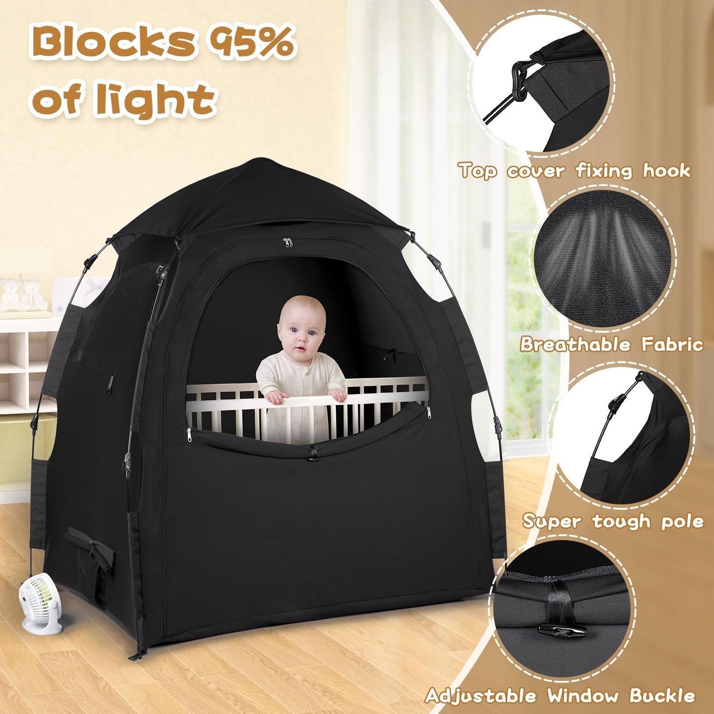 WANRU Pack N Play Blackout Cover Sleep Pod - 95% Light Blocking, One-Click Setup, Portable Crib Canopy