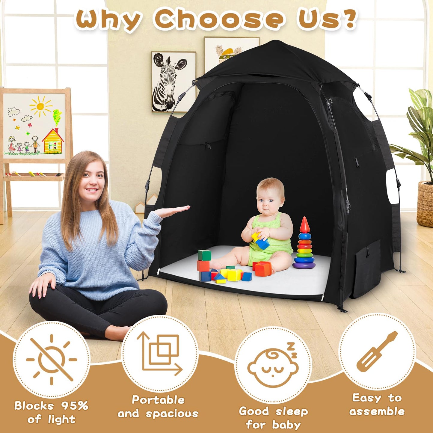 WANRU Pack N Play Blackout Cover Sleep Pod - 95% Light Blocking, One-Click Setup, Portable Crib Canopy