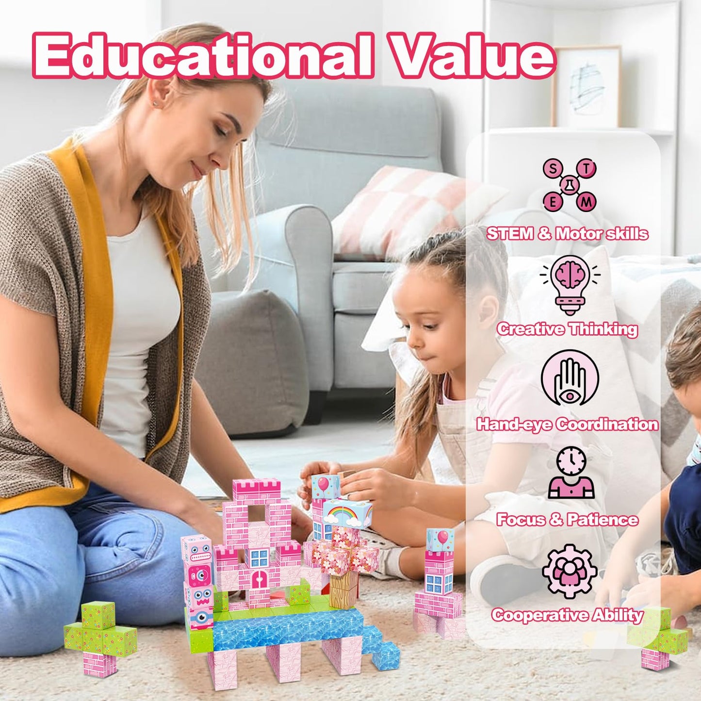 WSHIMIN Princess Castle Magnetic Building Blocks for Kids 4-8 | Pink Castle STEM Toy PCS-100