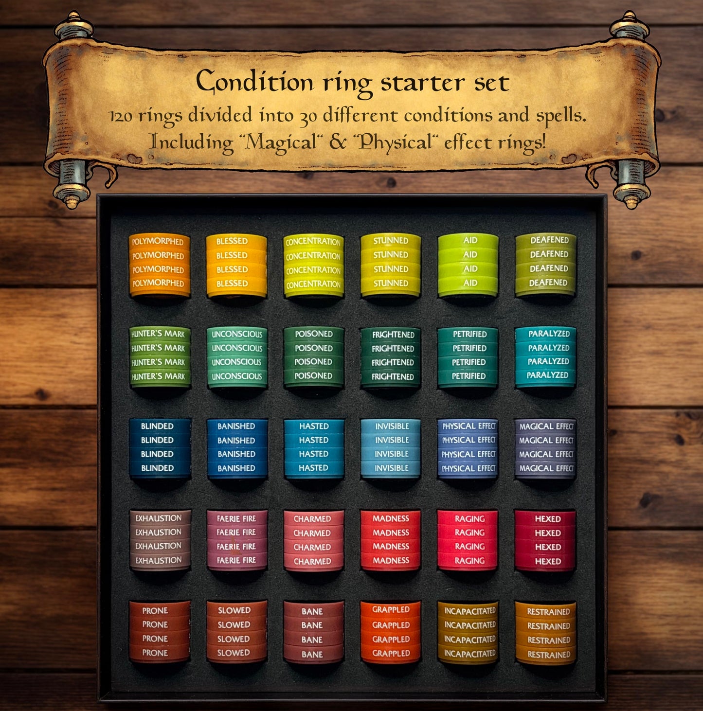 WASTED WIZARD Stackable DND Rings – 120 Rings, 30 Statuses (D&D & Pathfinder)