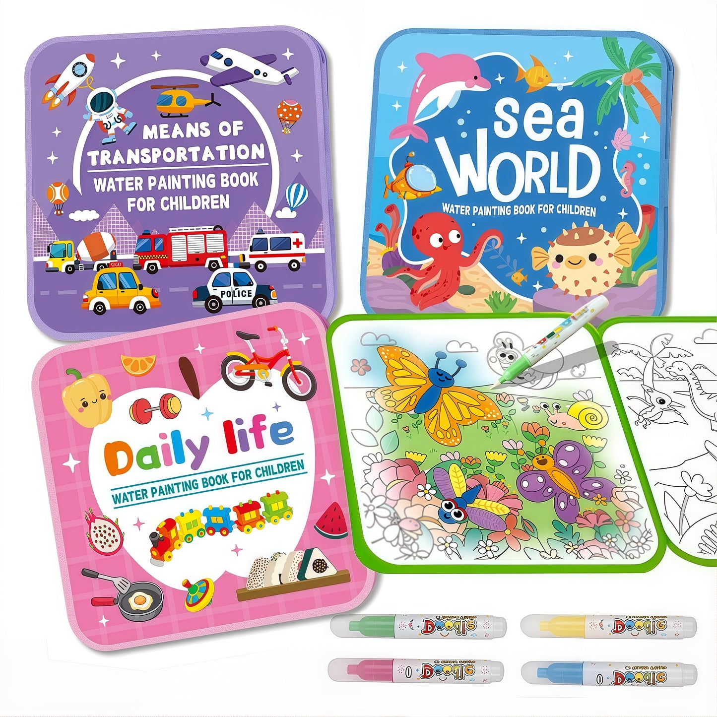 Water Painting Book for Kids – 4-Pack Mess-Free Water Coloring with Reusable Fun for Ages 3+