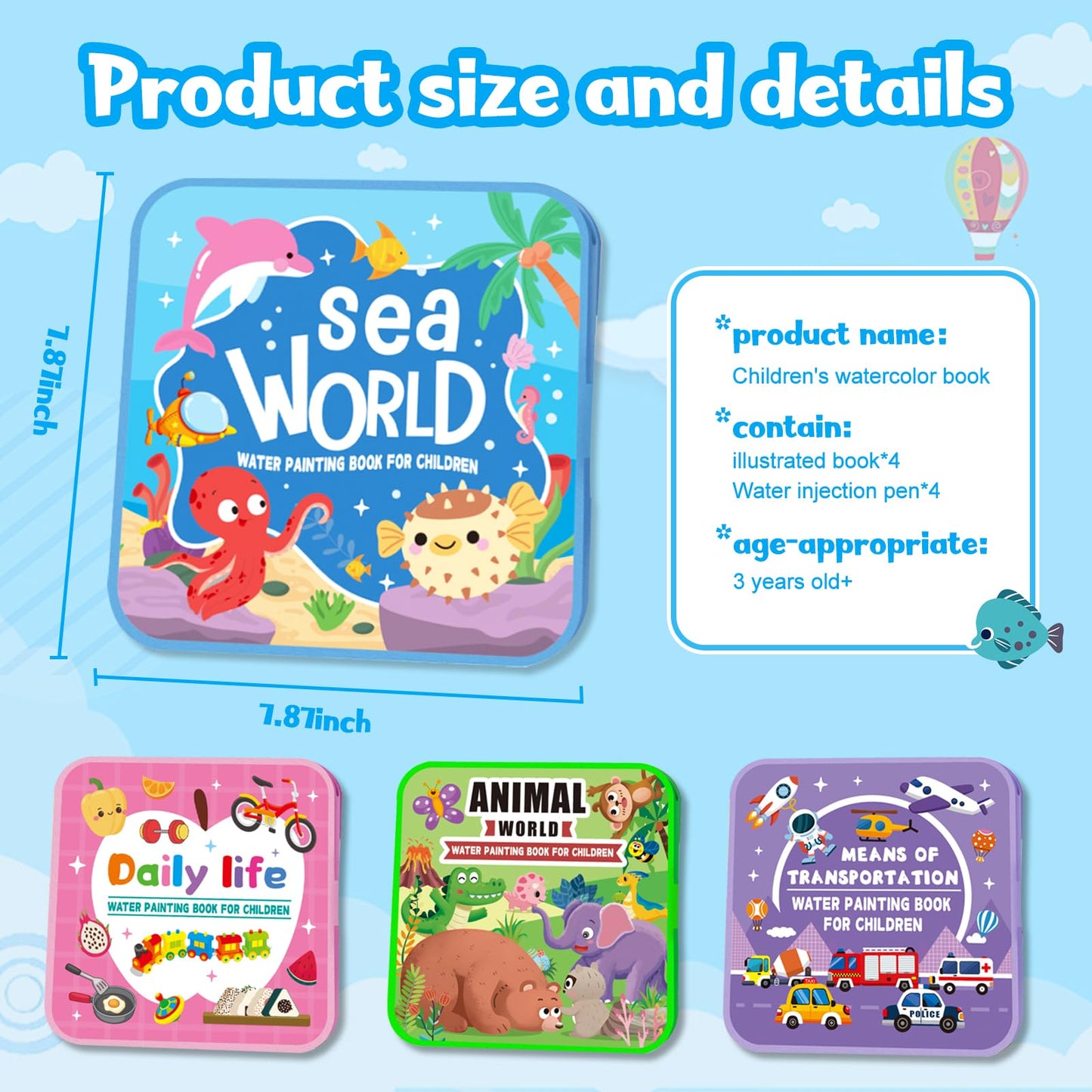 Water Painting Book for Kids – 4-Pack Mess-Free Water Coloring with Reusable Fun for Ages 3+