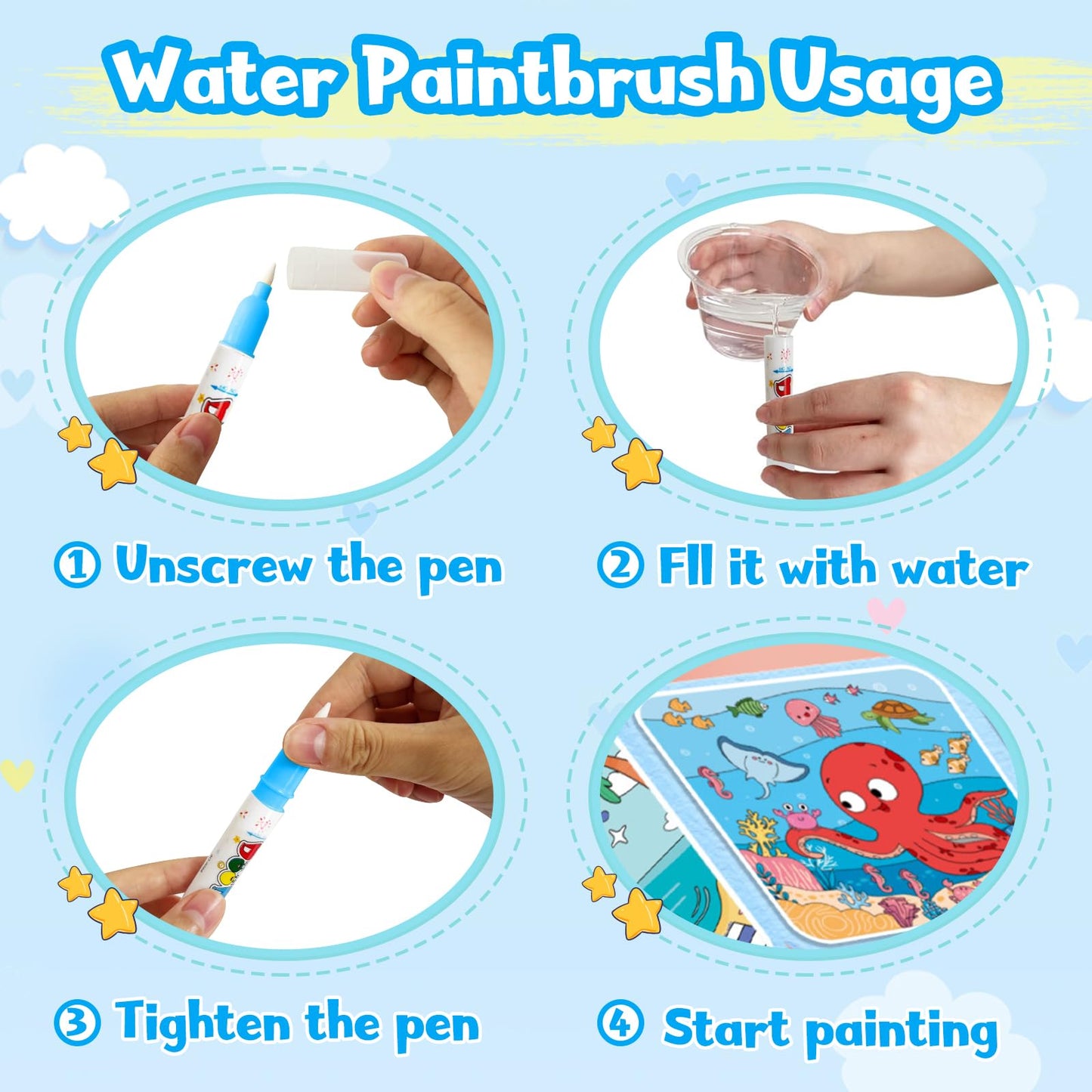 Water Painting Book for Kids – 4-Pack Mess-Free Water Coloring with Reusable Fun for Ages 3+