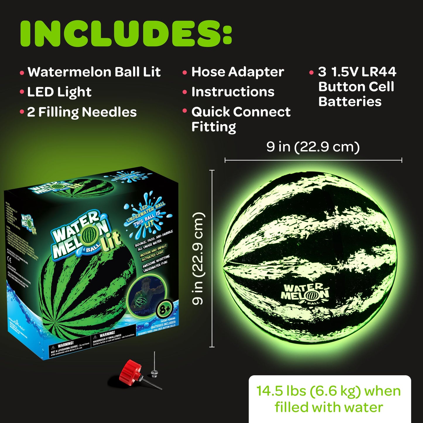 Watermelon Ball Lit – Glow in the Dark 9-Inch Pool Toy for All Ages