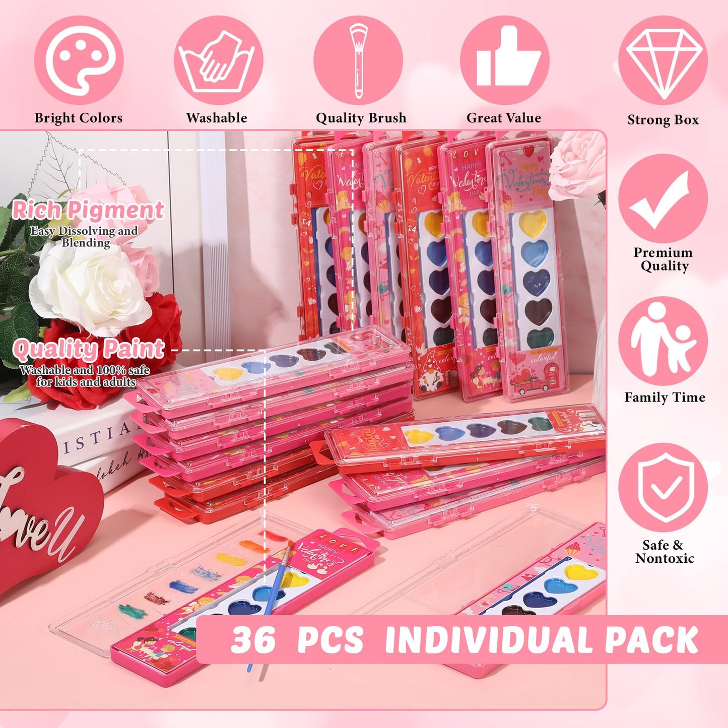 Watersay 36-Pack Valentine’s Heart Watercolor Set with 8 Washable Colors & Brush