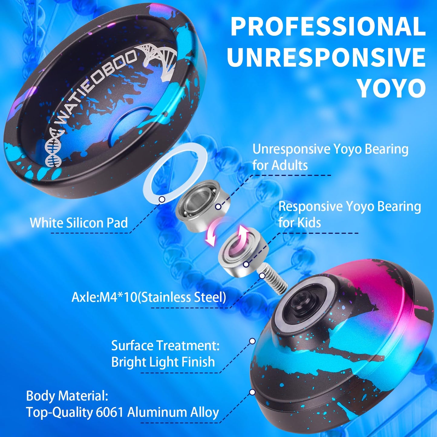 WATIEOBOO Yoyo – Dual-Mode Professional Yoyo for Finger Spins (Responsive & Unresponsive) – Dark Blue Pink