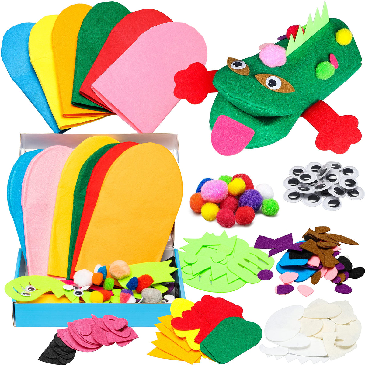 WATINC 6Pcs Hand Puppet Making Kit – DIY Felt Sock Puppets (Animals) with Pompoms, Googly Eyes & Decorations