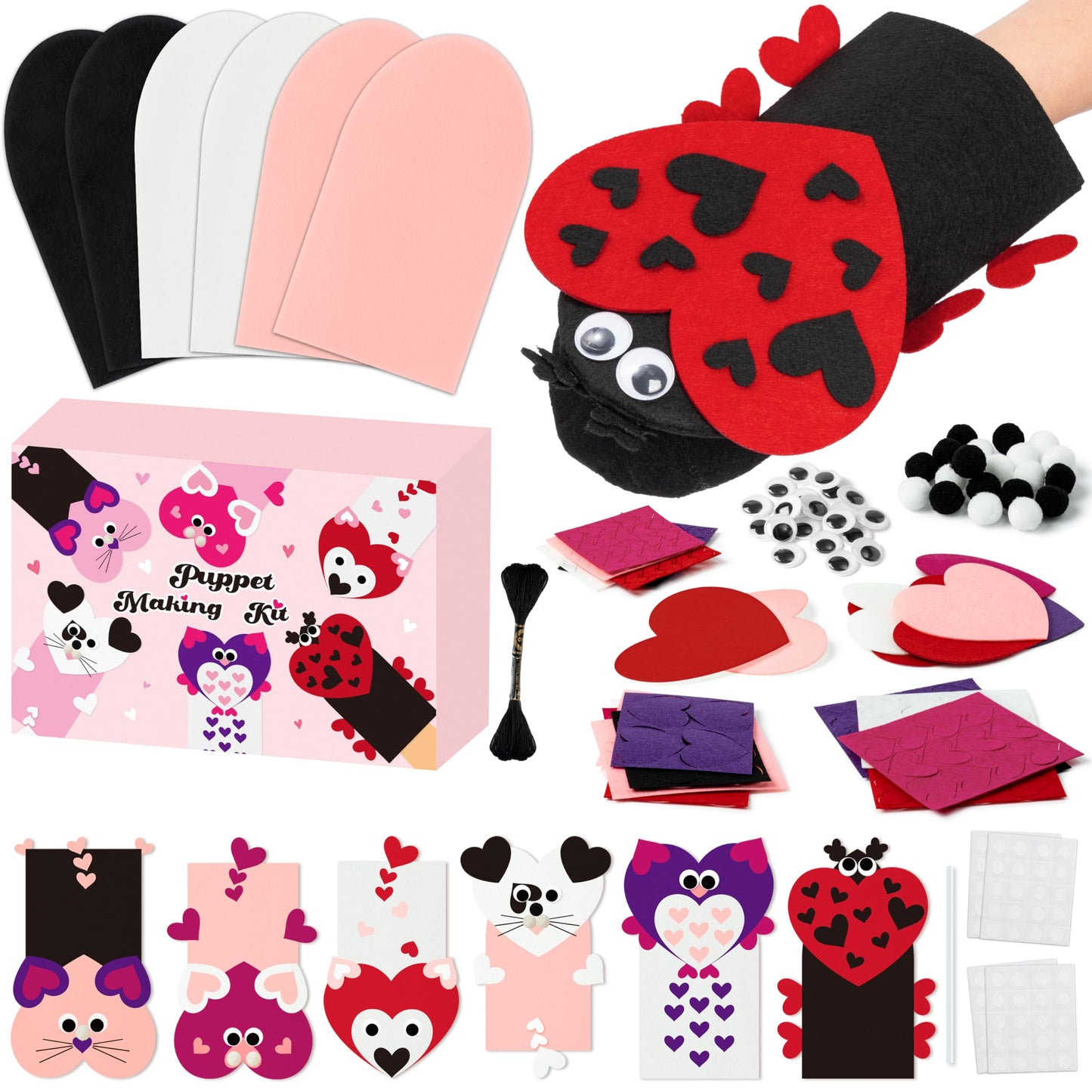 WATINC 6Pcs Hand Puppet Kit – DIY Felt Puppets with Pompoms and Googly Eyes