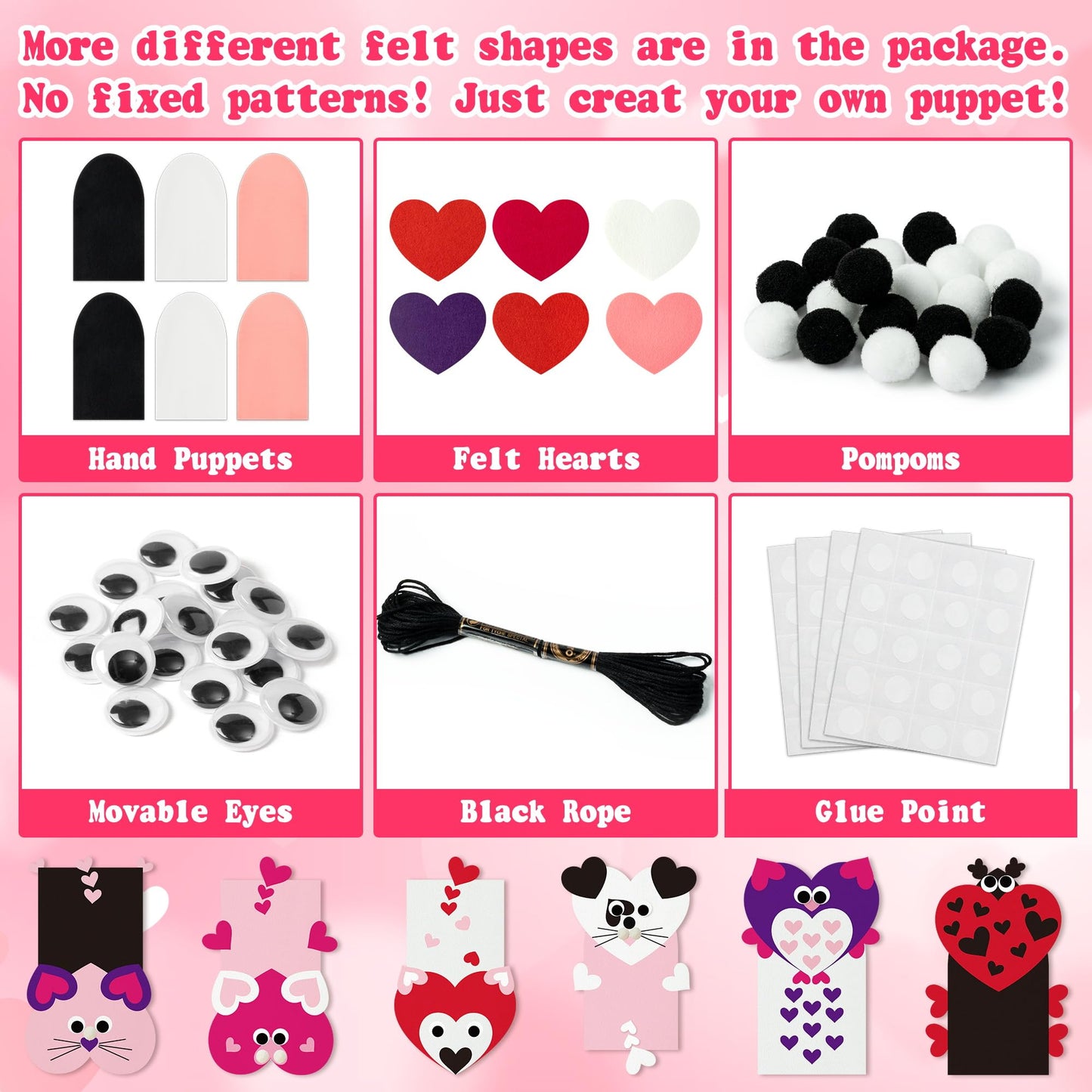 WATINC 6Pcs Hand Puppet Kit – DIY Felt Puppets with Pompoms and Googly Eyes