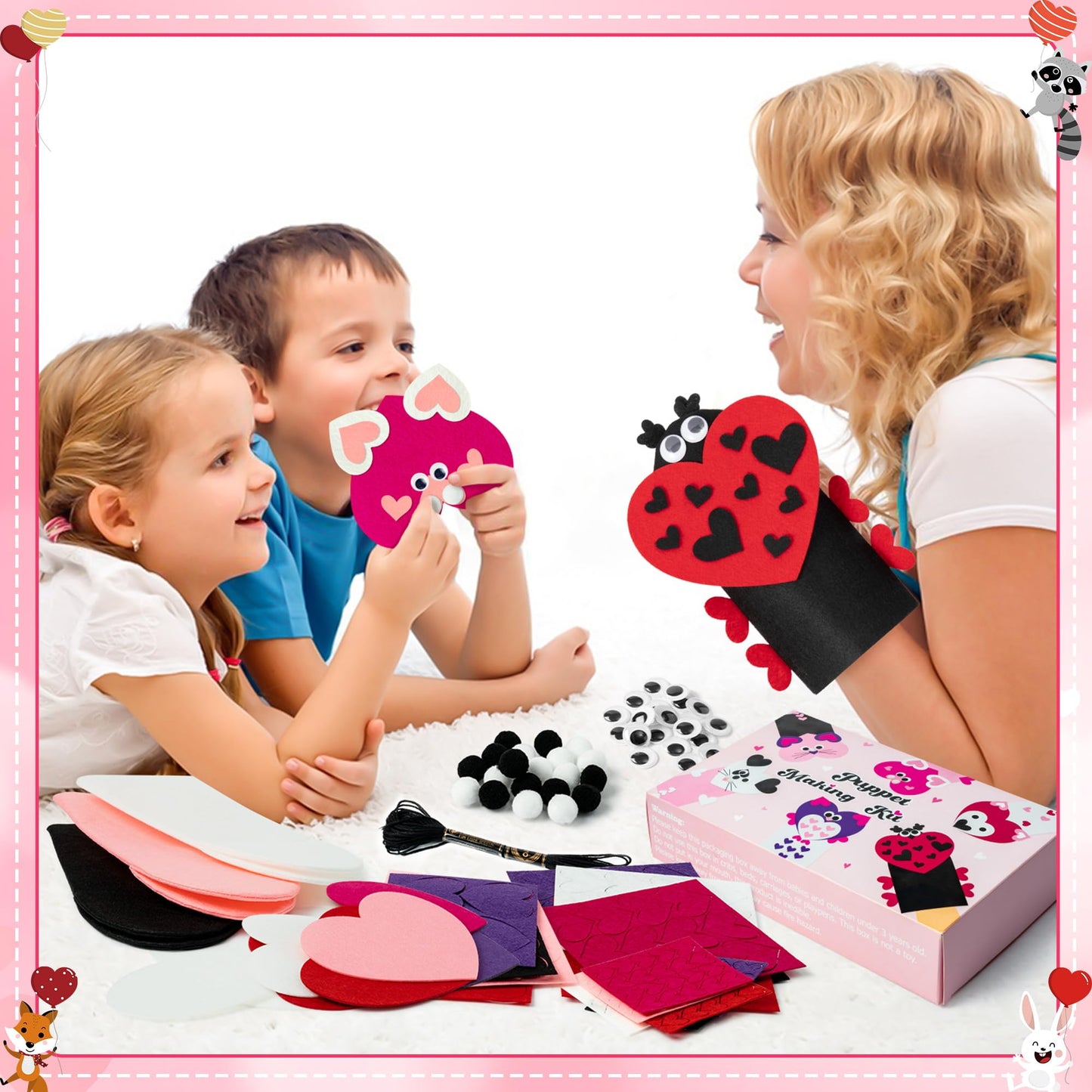 WATINC 6Pcs Hand Puppet Kit – DIY Felt Puppets with Pompoms and Googly Eyes