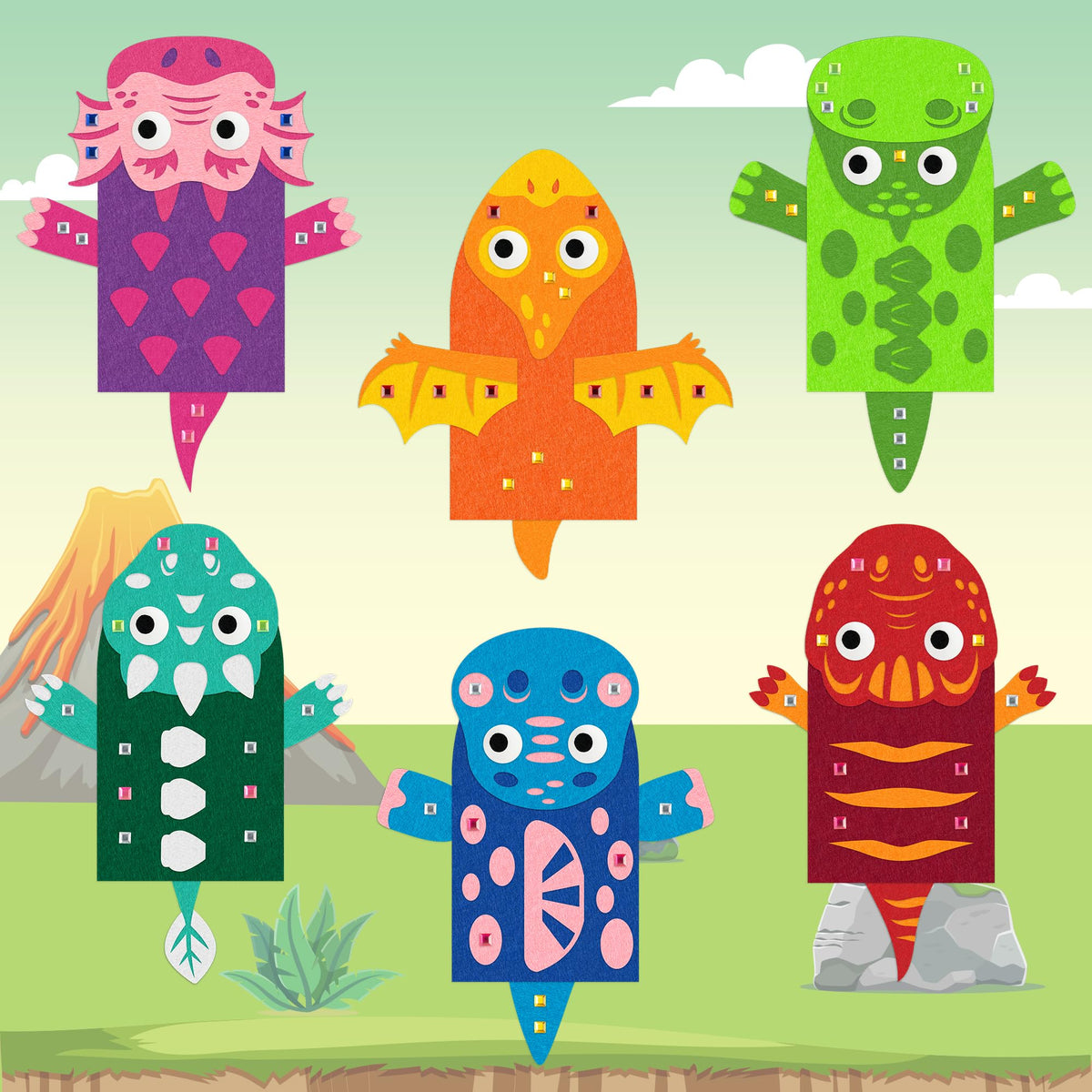 WATINC 6Pcs Hand Puppet Kit – Dinosaur Felt Puppets for DIY Storytelling