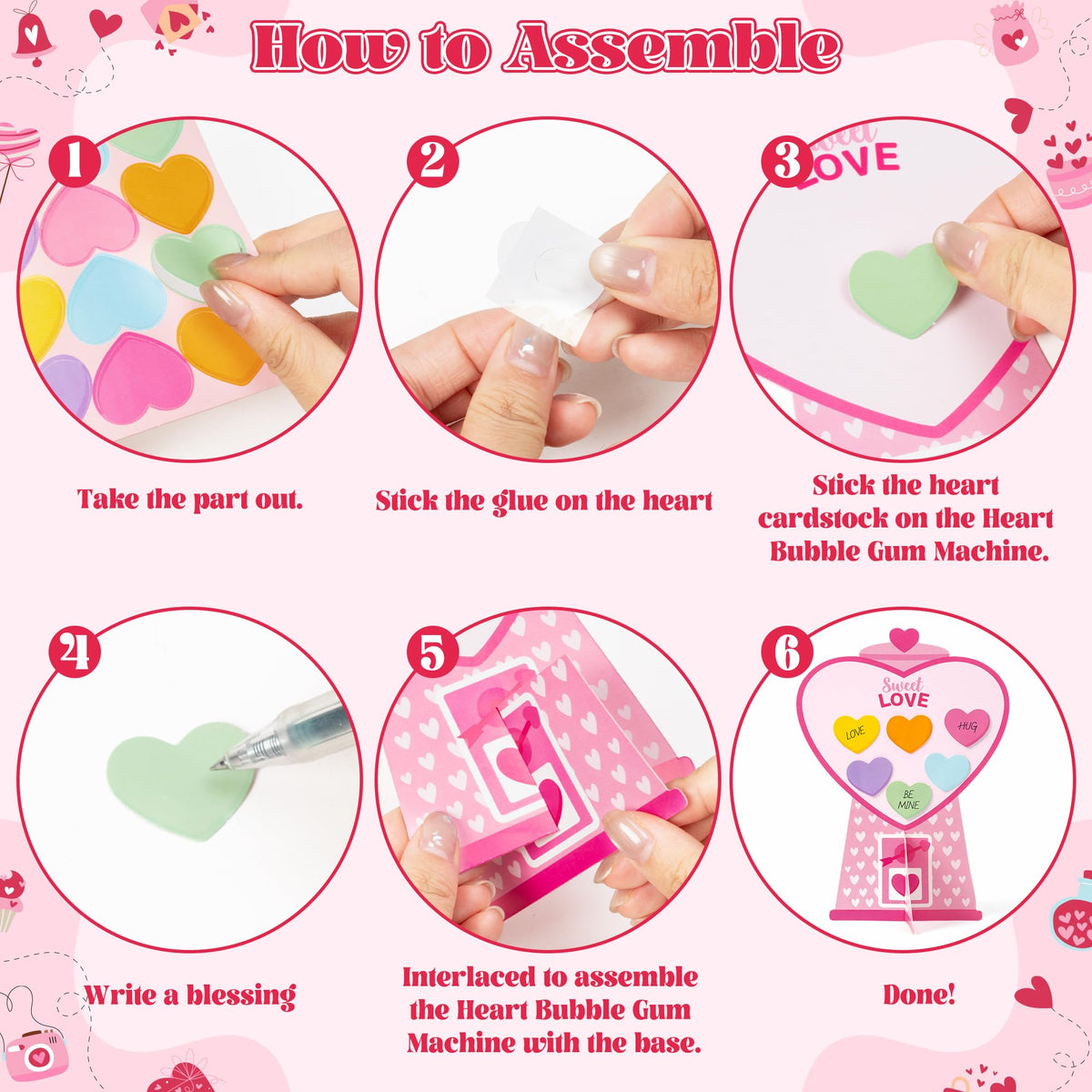 WATINC Valentine’s Day Gumball Machine Craft Kits – 24Pcs DIY Heart Bubble Gum Machine Decorations