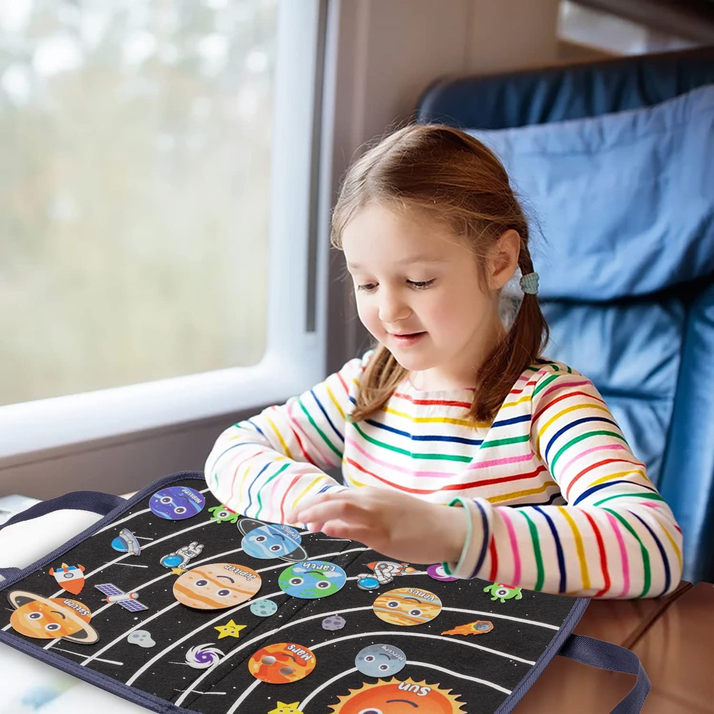 WATINC Travel Felt Board Story Set – 25-Piece Space Theme, Portable Montessori Learning Kit