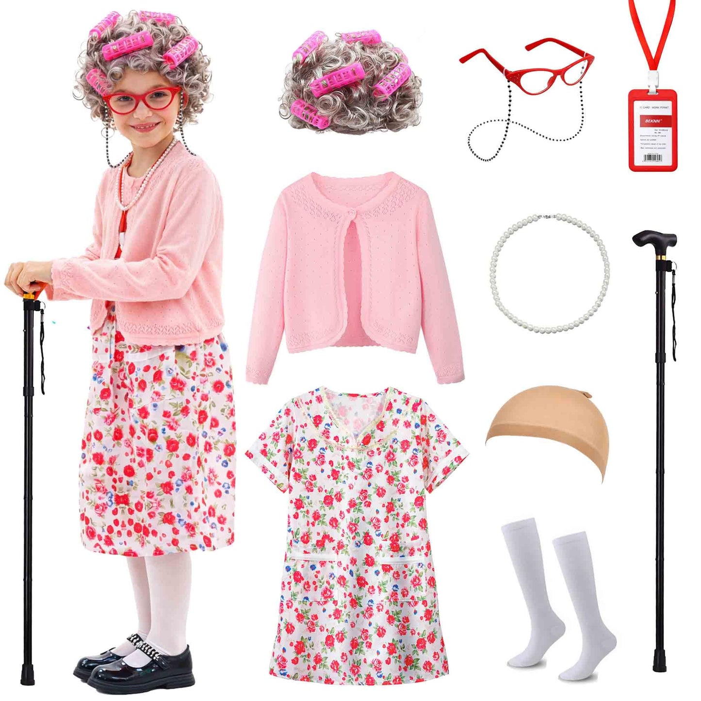 Watlie 100 Days School Costume for Girls – Old Lady Granny Dress Up Kit