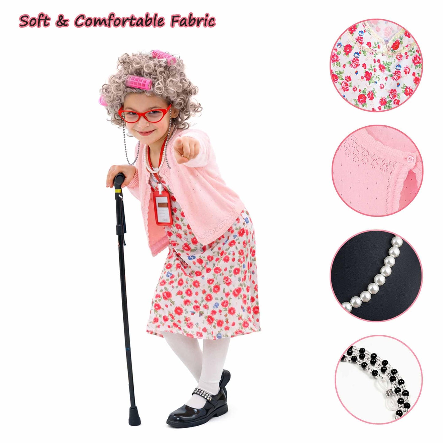 Watlie 100 Days School Costume for Girls – Old Lady Granny Dress Up Kit