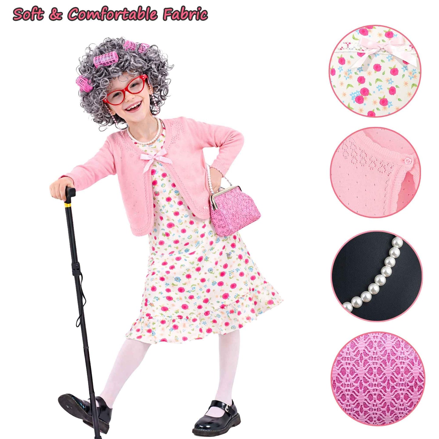 Watlie 100 Days of School Granny Costume for Girls | Old Lady Dress-Up
