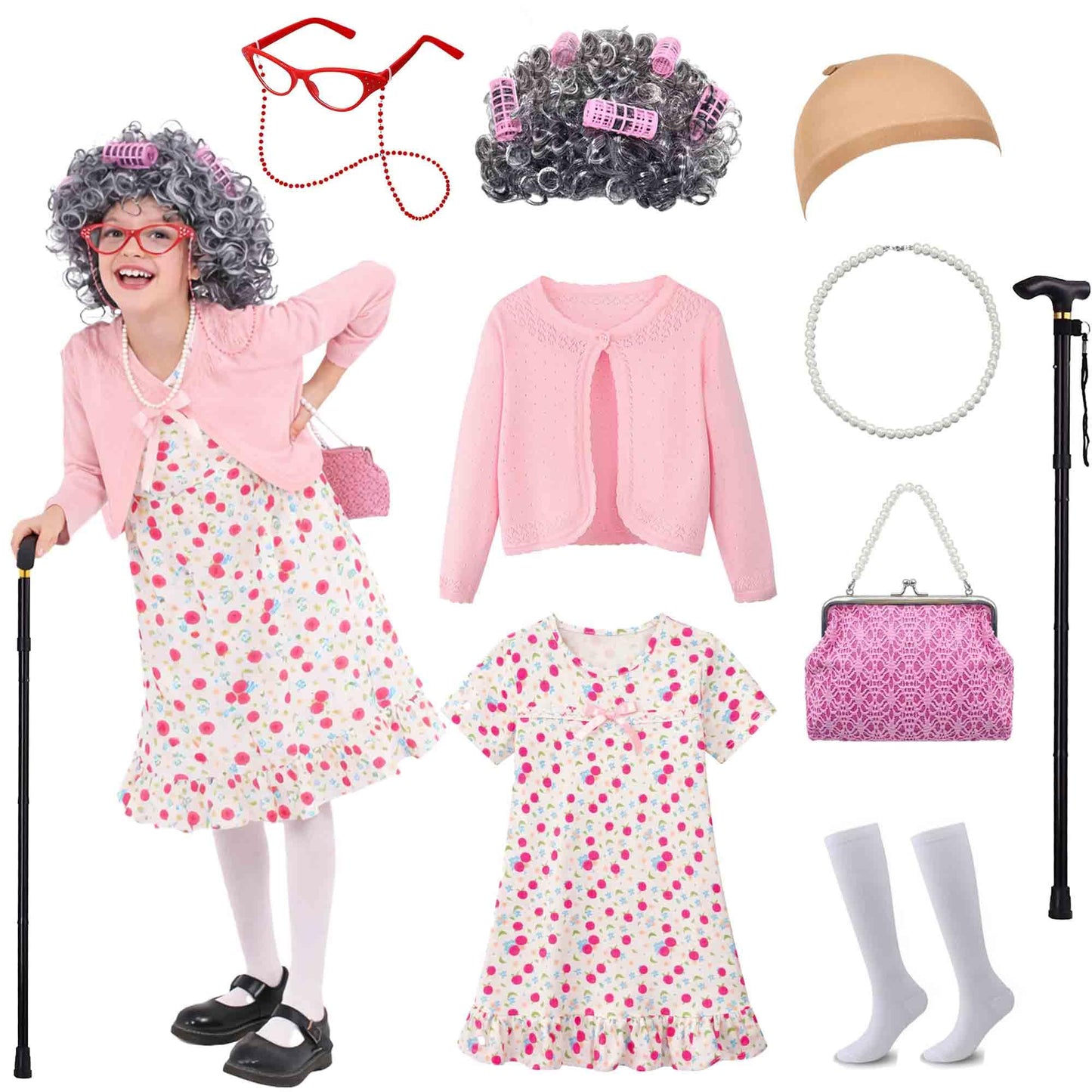 Watlie 100 Days of School Granny Costume for Girls | Old Lady Dress-Up
