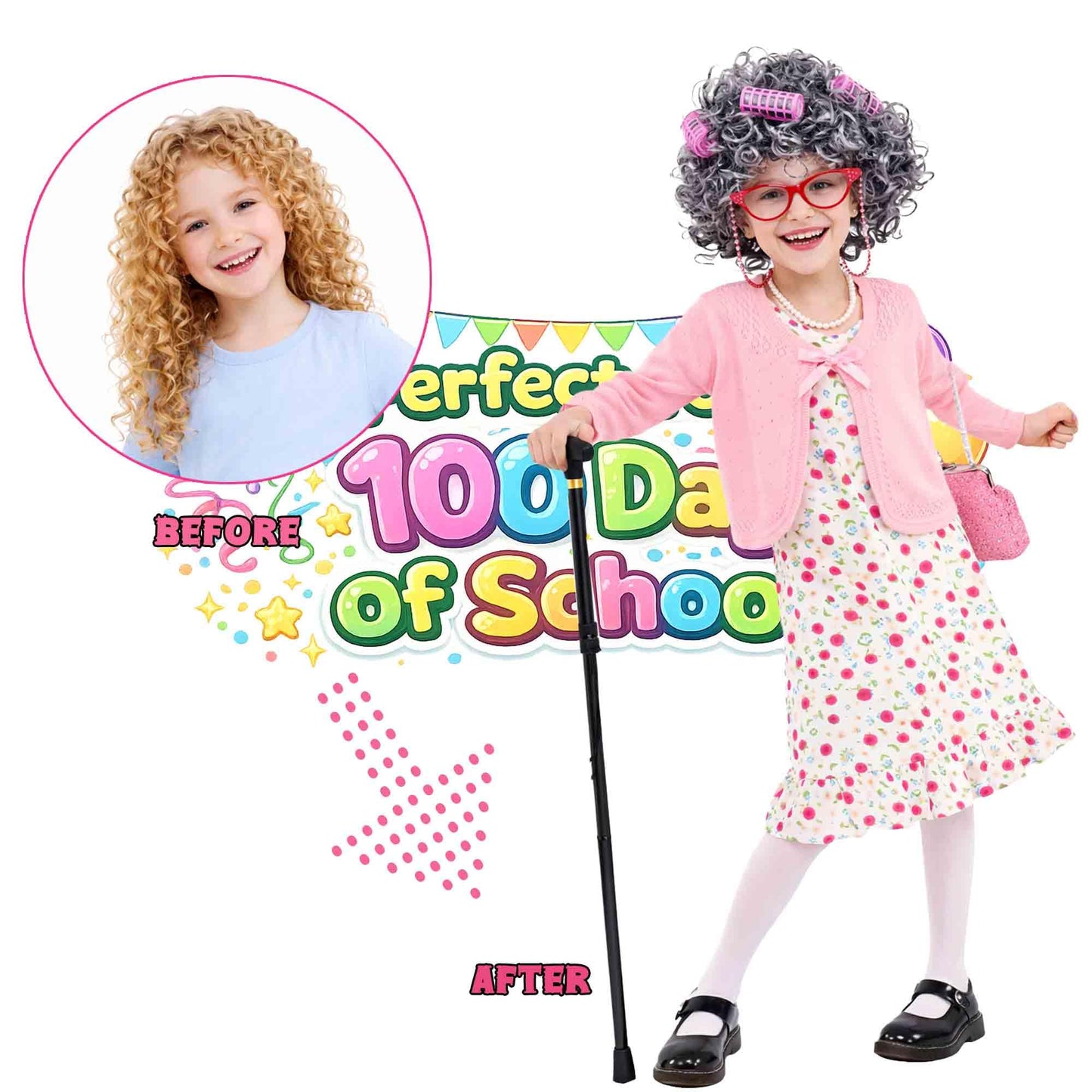 Watlie 100 Days of School Granny Costume for Girls | Old Lady Dress-Up