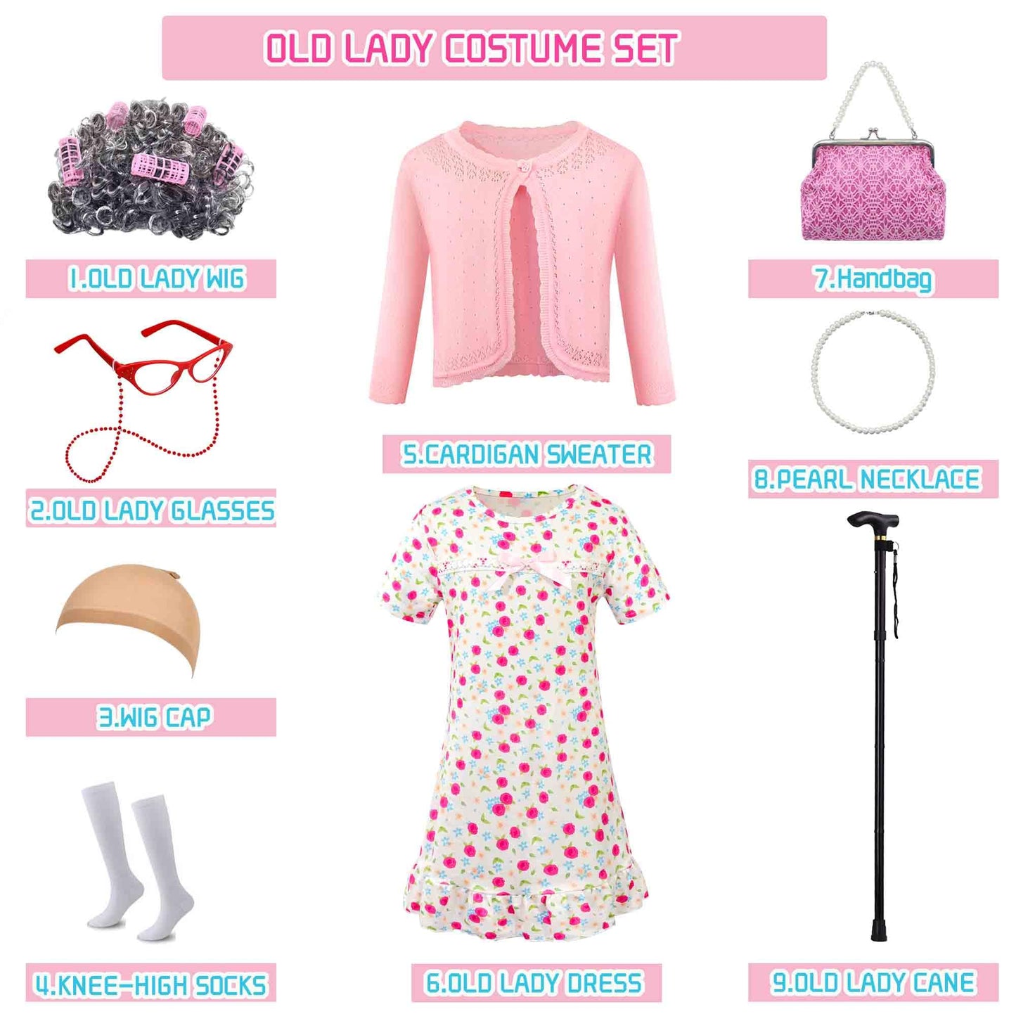 Watlie 100 Days of School Granny Costume for Girls | Old Lady Dress-Up