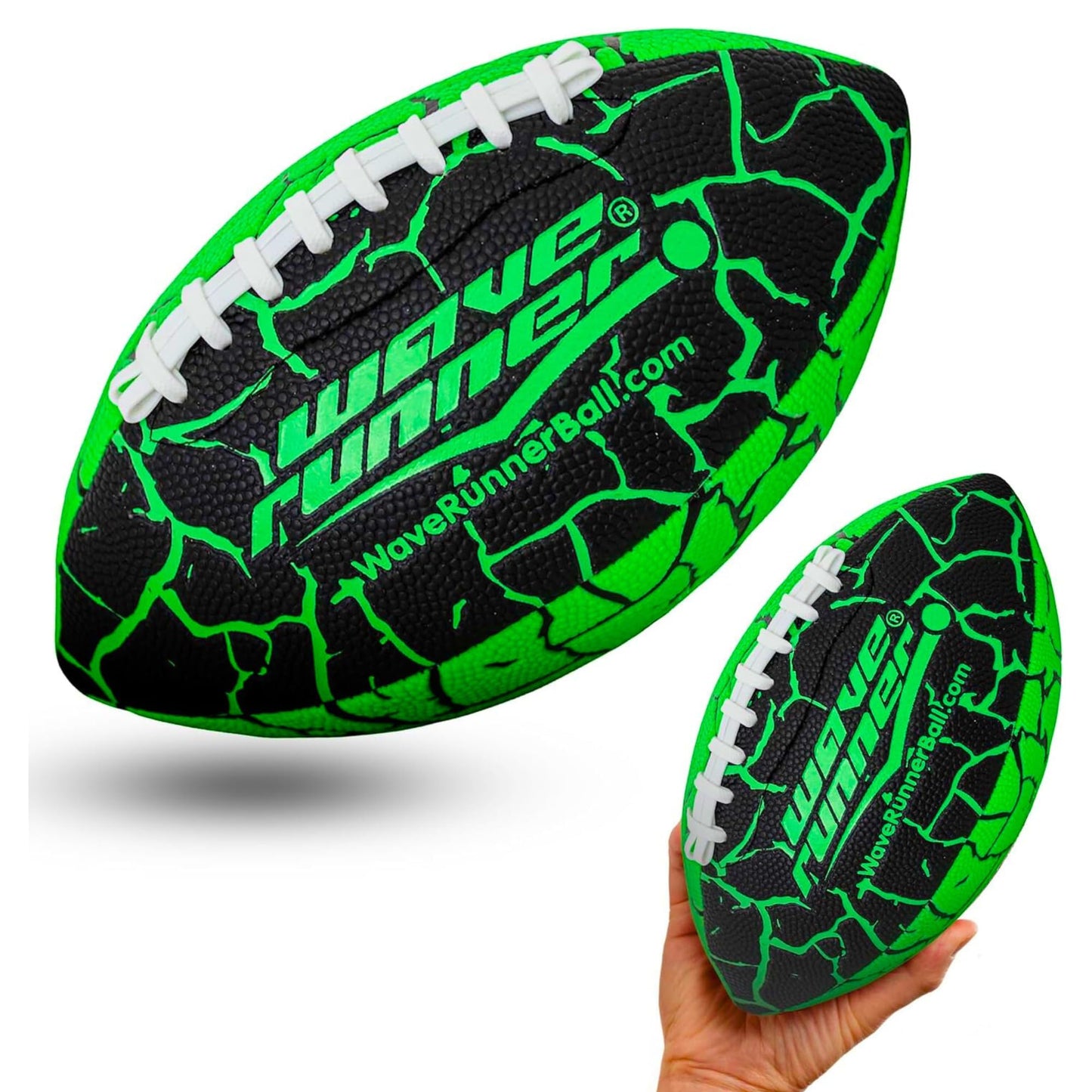 Wave Runner Grip It Waterproof Junior Football – 9.25-Inch, Double Laced Water Ball for Beach, Pool, and Lake (Black/Green)
