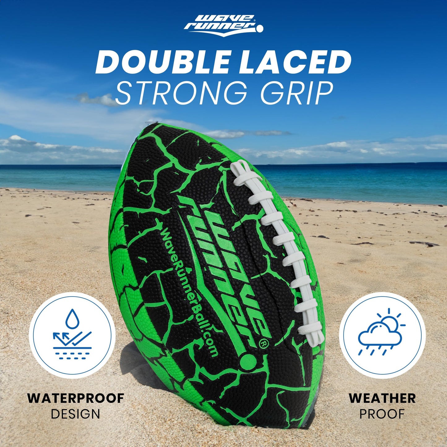 Wave Runner Grip It Waterproof Junior Football – 9.25-Inch, Double Laced Water Ball for Beach, Pool, and Lake (Black/Green)
