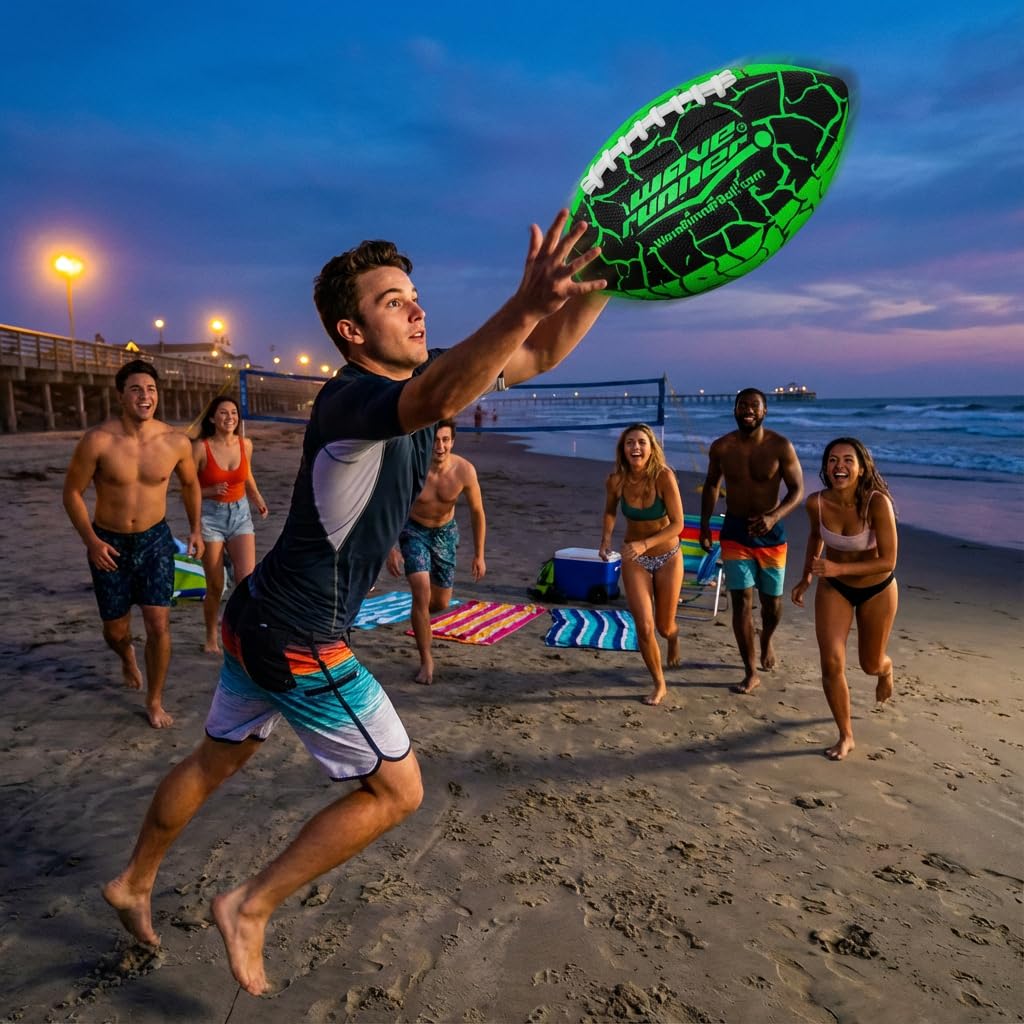 Wave Runner Grip It Waterproof Junior Football – 9.25-Inch, Double Laced Water Ball for Beach, Pool, and Lake (Black/Green)