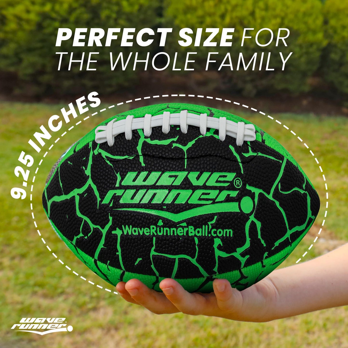 Wave Runner Grip It Waterproof Junior Football – 9.25-Inch, Double Laced Water Ball for Beach, Pool, and Lake (Black/Green)