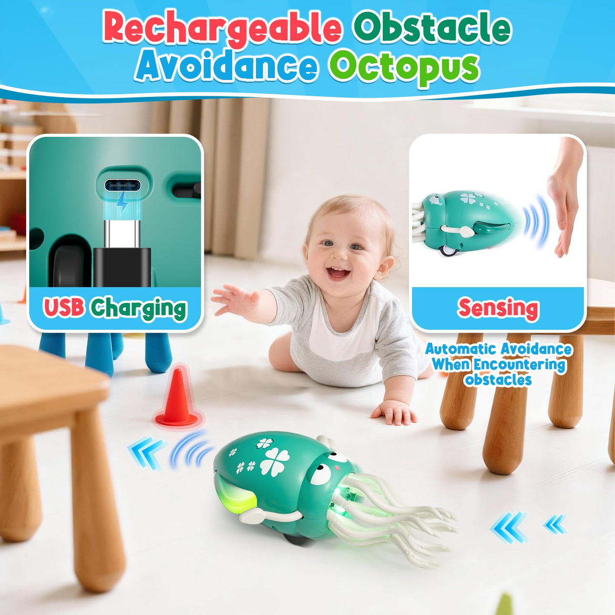 WAVISA Dancing Squid Baby Toy – Tummy Time Octopus with Music & Lights
