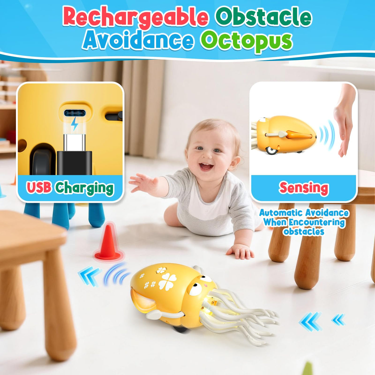 WAVISA Dancing Squid Baby Toy – USB Rechargeable Octopus with Music & Lights
