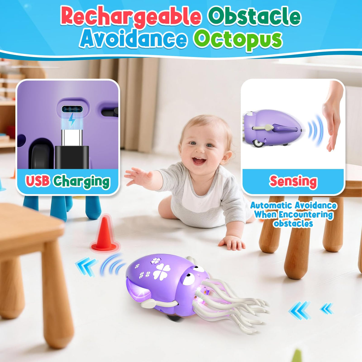 WAVISA Dancing Squid Baby Toy – USB Rechargeable Octopus with Lights, Music & Obstacle Sensors