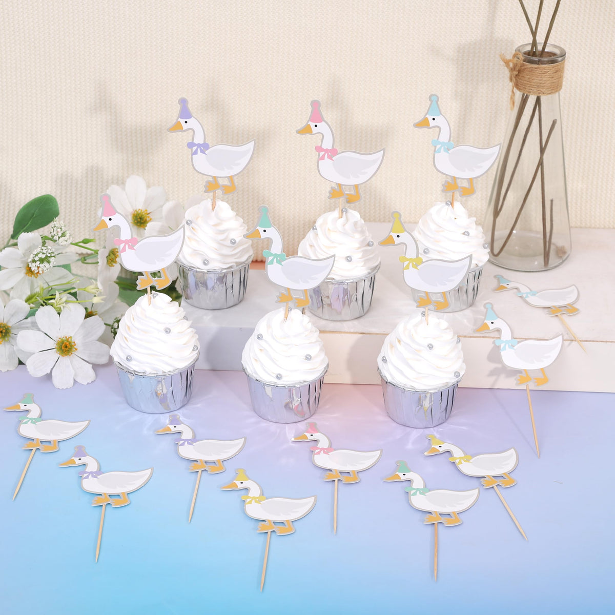 WAWUO 15Pcs One Silly Goose Cupcake Toppers – Cute Animal Theme Party Props