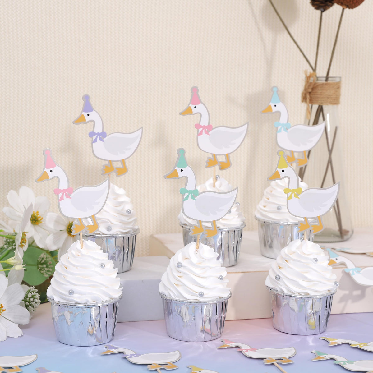 WAWUO 15Pcs One Silly Goose Cupcake Toppers – Cute Animal Theme Party Props