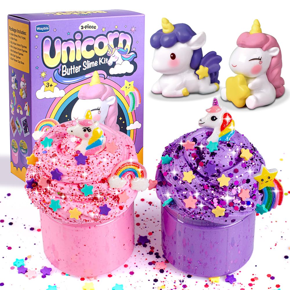Waybla 2 Pack Butter Slime Kit for Kids – Glitter Slime with Unicorn Figurines & Rainbow Accessories
