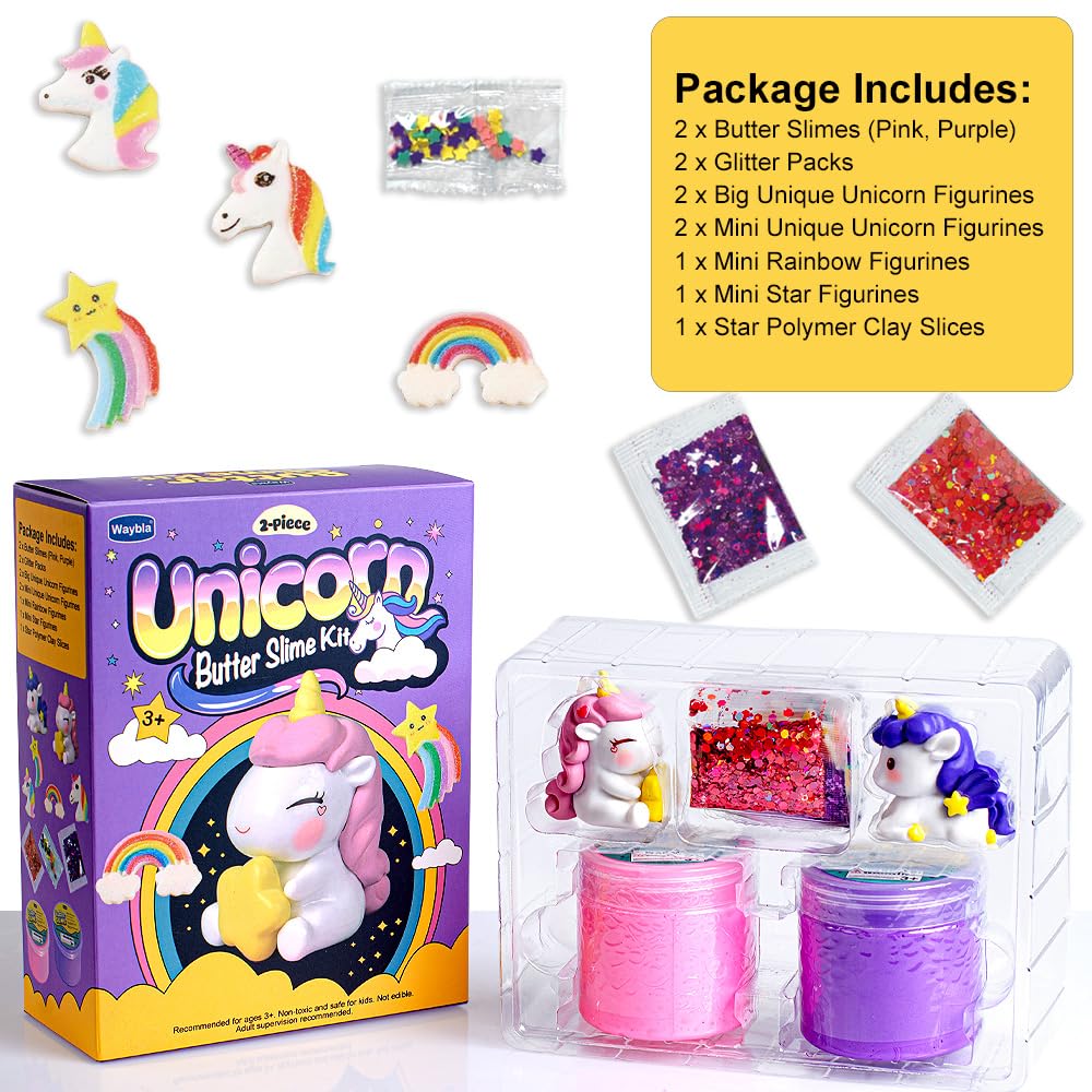 Waybla 2 Pack Butter Slime Kit for Kids – Glitter Slime with Unicorn Figurines & Rainbow Accessories