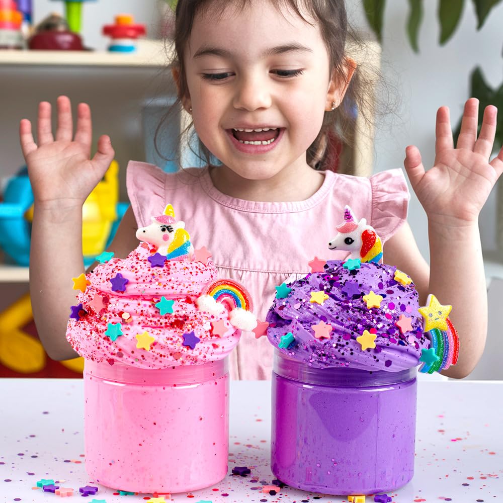 Waybla 2 Pack Butter Slime Kit for Kids – Glitter Slime with Unicorn Figurines & Rainbow Accessories