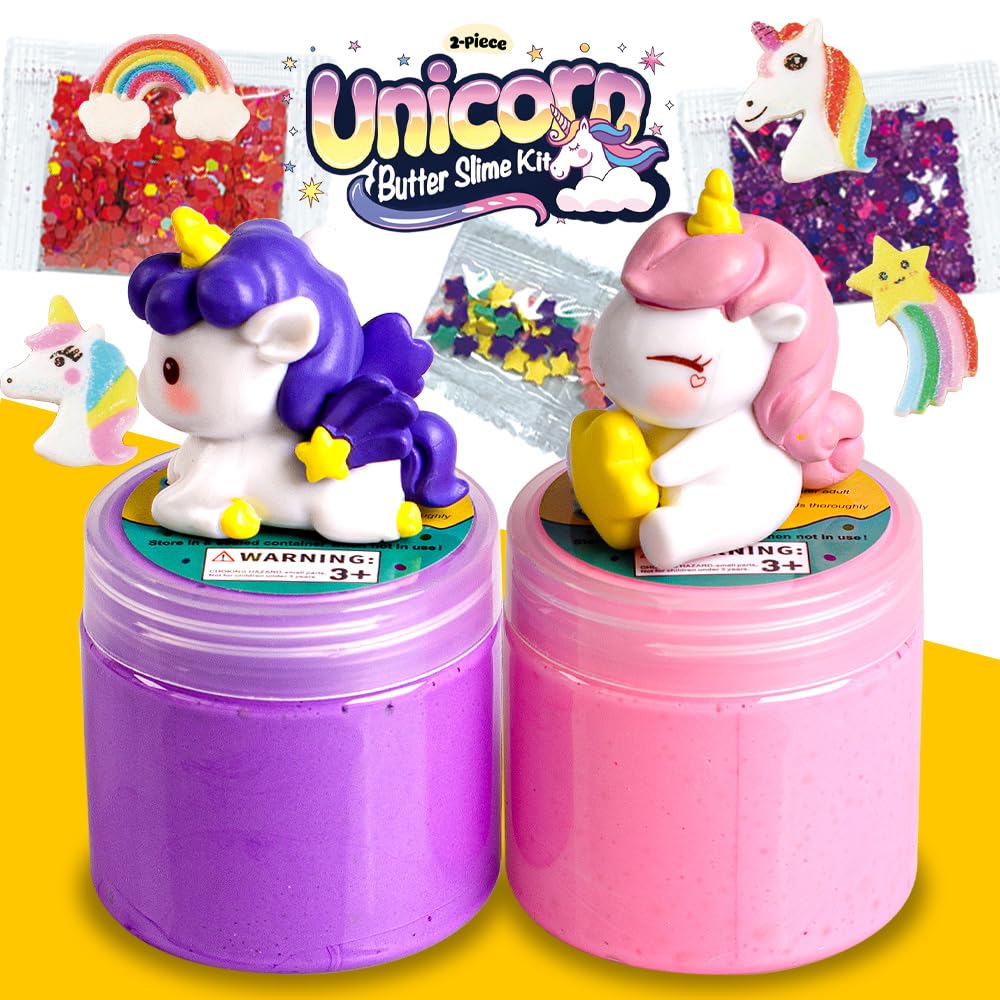 Waybla 2 Pack Butter Slime Kit for Kids – Glitter Slime with Unicorn Figurines & Rainbow Accessories