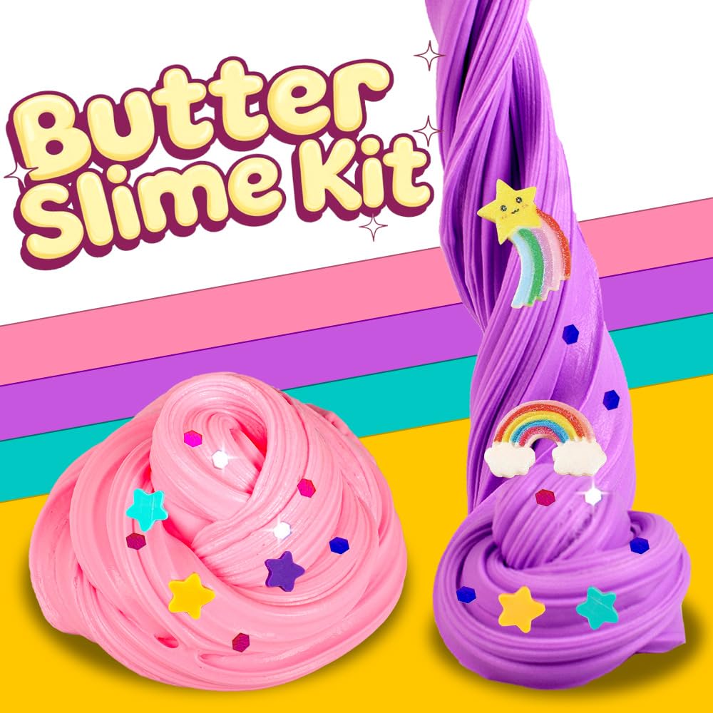 Waybla 2 Pack Butter Slime Kit for Kids – Glitter Slime with Unicorn Figurines & Rainbow Accessories