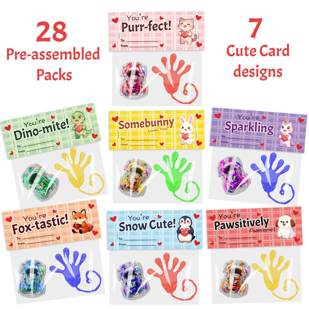 Waybla 28-Pack Valentines Cards for Kids - Sticky Hand Toys & Pull-Back Cars