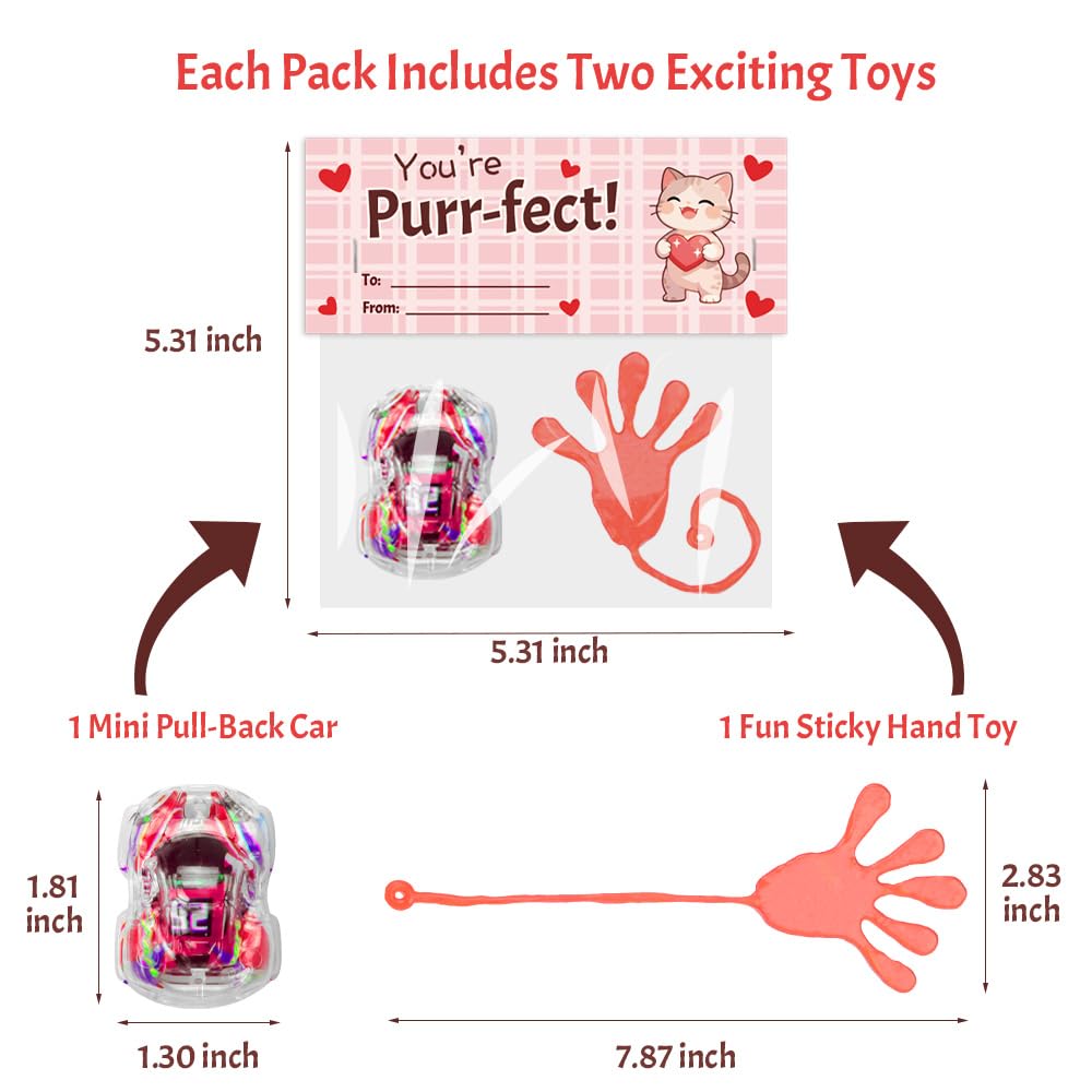 Waybla 28-Pack Valentines Cards for Kids - Sticky Hand Toys & Pull-Back Cars