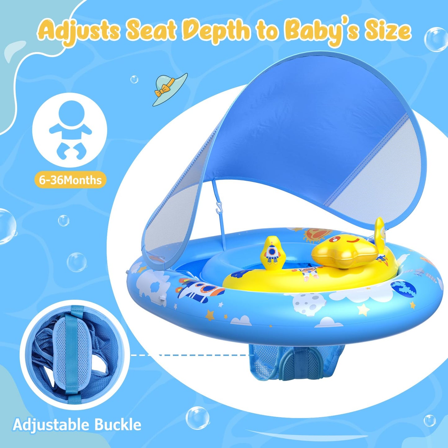 WayEee Baby Pool Float with UPF50+ Canopy – Adjustable Safety Seat for 6–36 Months