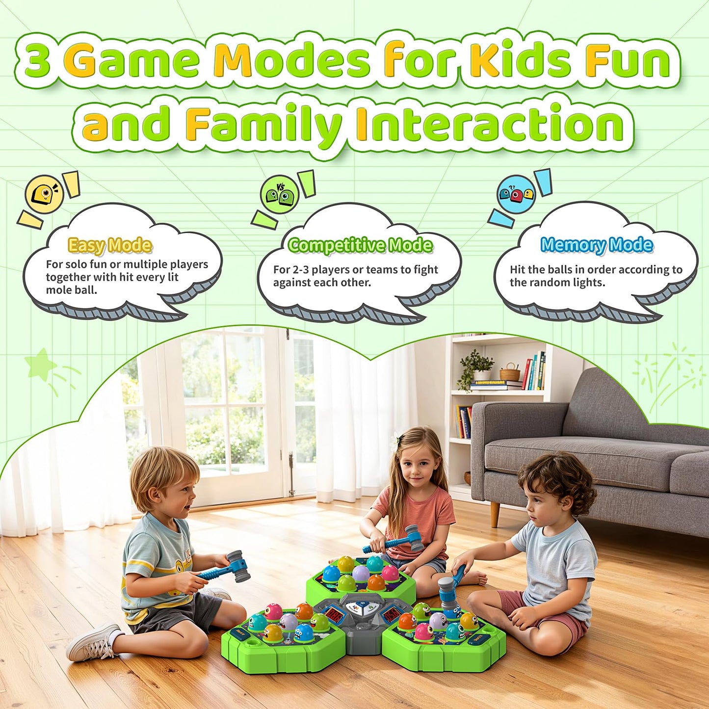 WAYKEE Whack Game Mole – Interactive 3-Mode Hammer Toy for Kids Aged 3–12