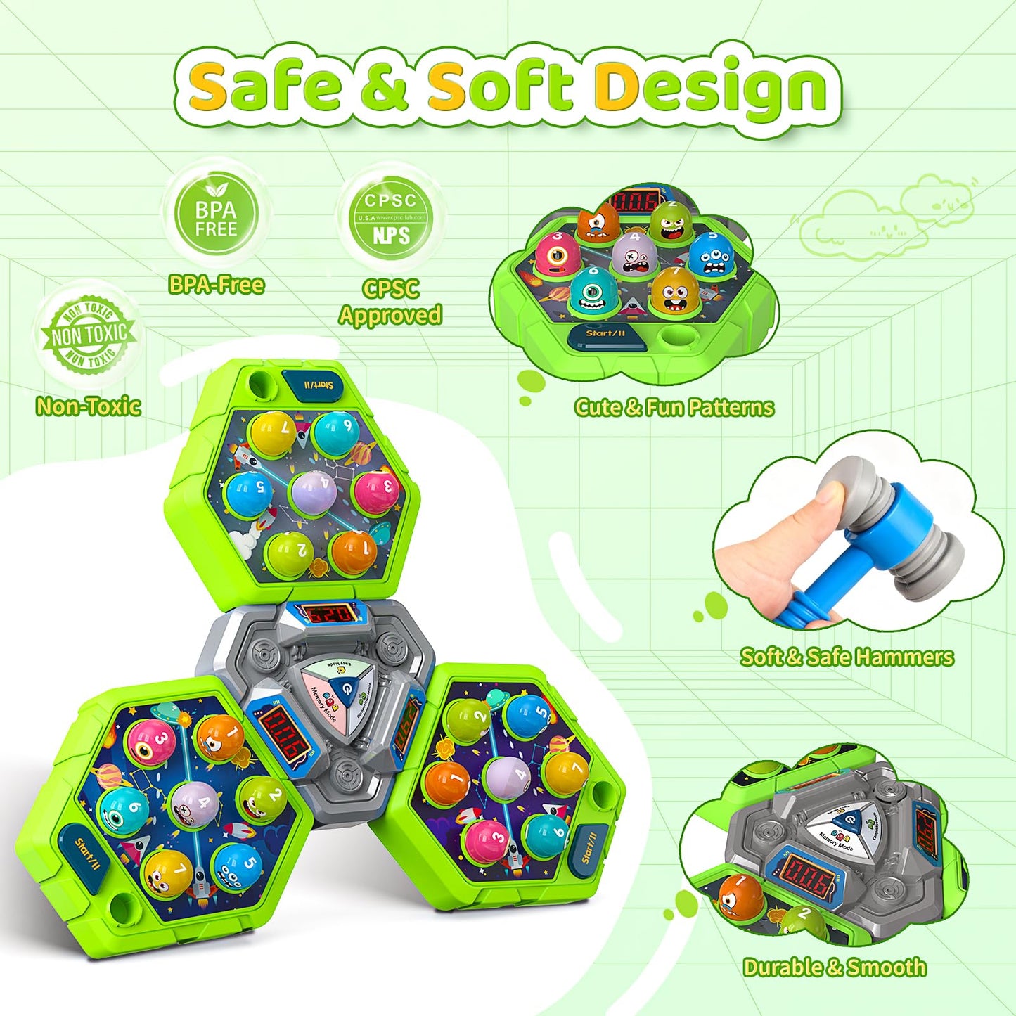 WAYKEE Whack Game Mole – Interactive 3-Mode Hammer Toy for Kids Aged 3–12