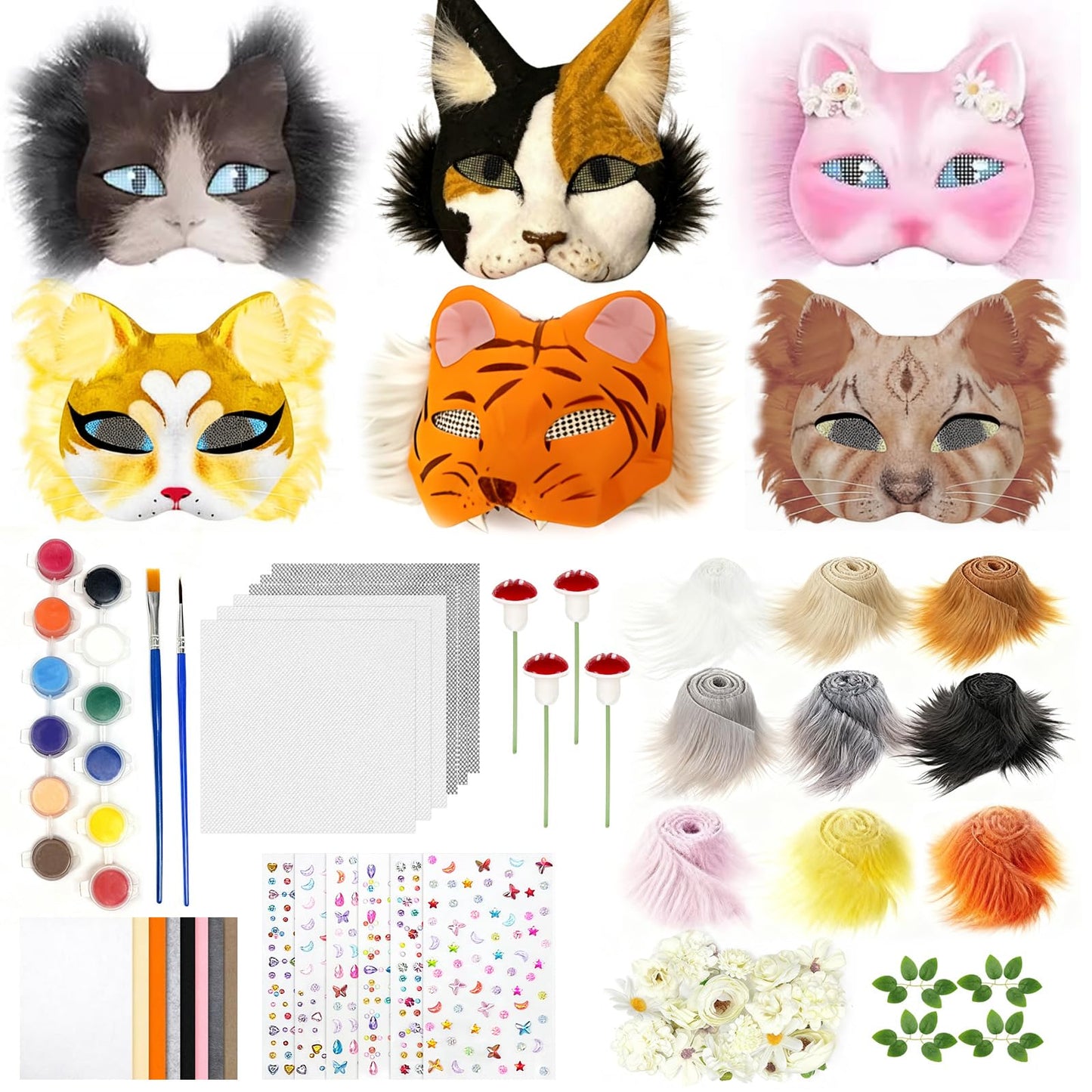 WAYNHUI DIY Therian Mask Kit - Blank Cat Mask Base with Felt, Fur, Mesh, Gem Stickers for Halloween, Cosplay & Masquerade