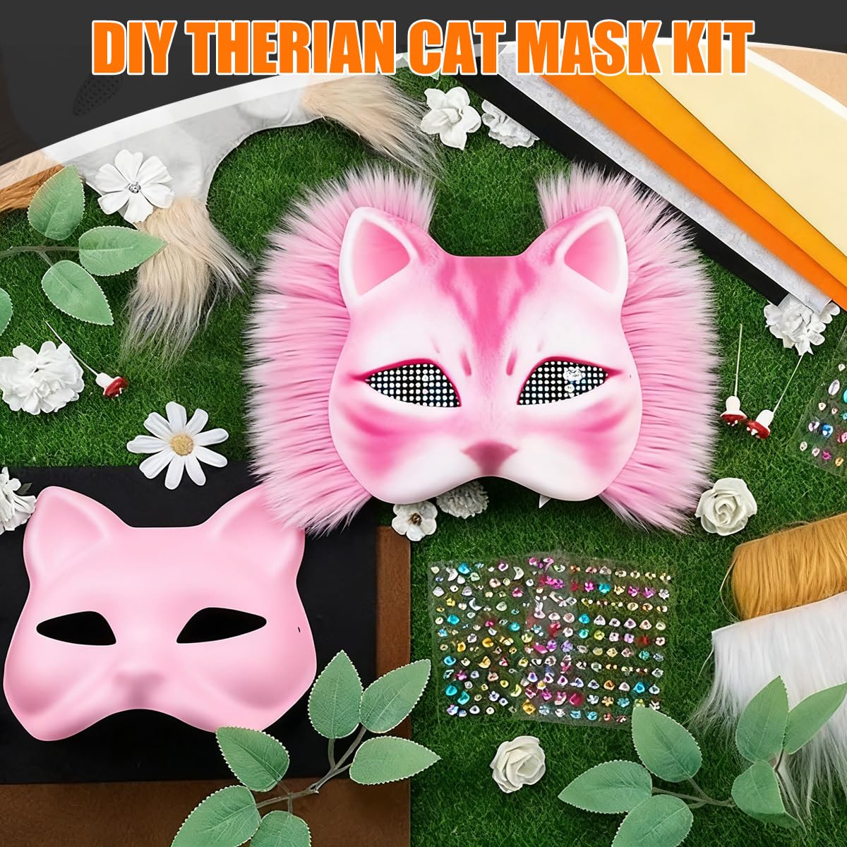 WAYNHUI DIY Therian Mask Kit - Blank Cat Mask Base with Felt, Fur, Mesh, Gem Stickers for Halloween, Cosplay & Masquerade
